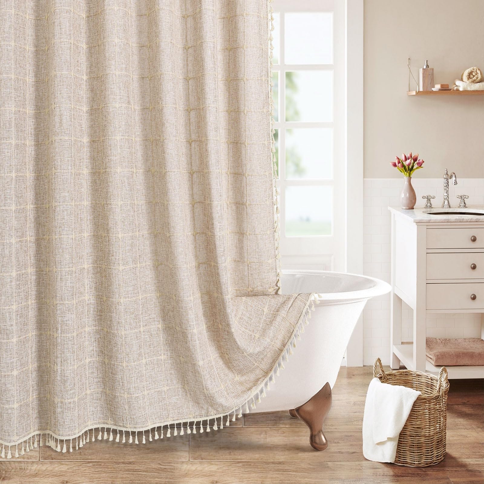 Mitovilla Tan Boho Small Stall Shower Curtain 36 X 72, Narrow Polyester Linen Fabric Shower Curtains For Farmhouse Bathroom Deco
