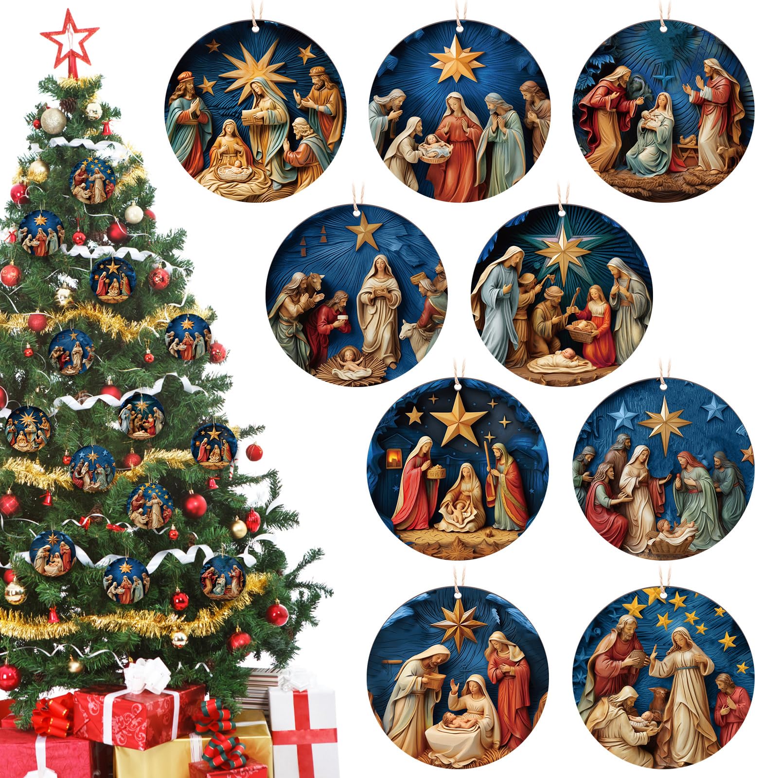Suzile 27 Pcs Nativity Christmas Tree Hanging Ornaments Mini Wooden Nativity Ornament Bulk Small Christmas Decor Wooden Vintage 