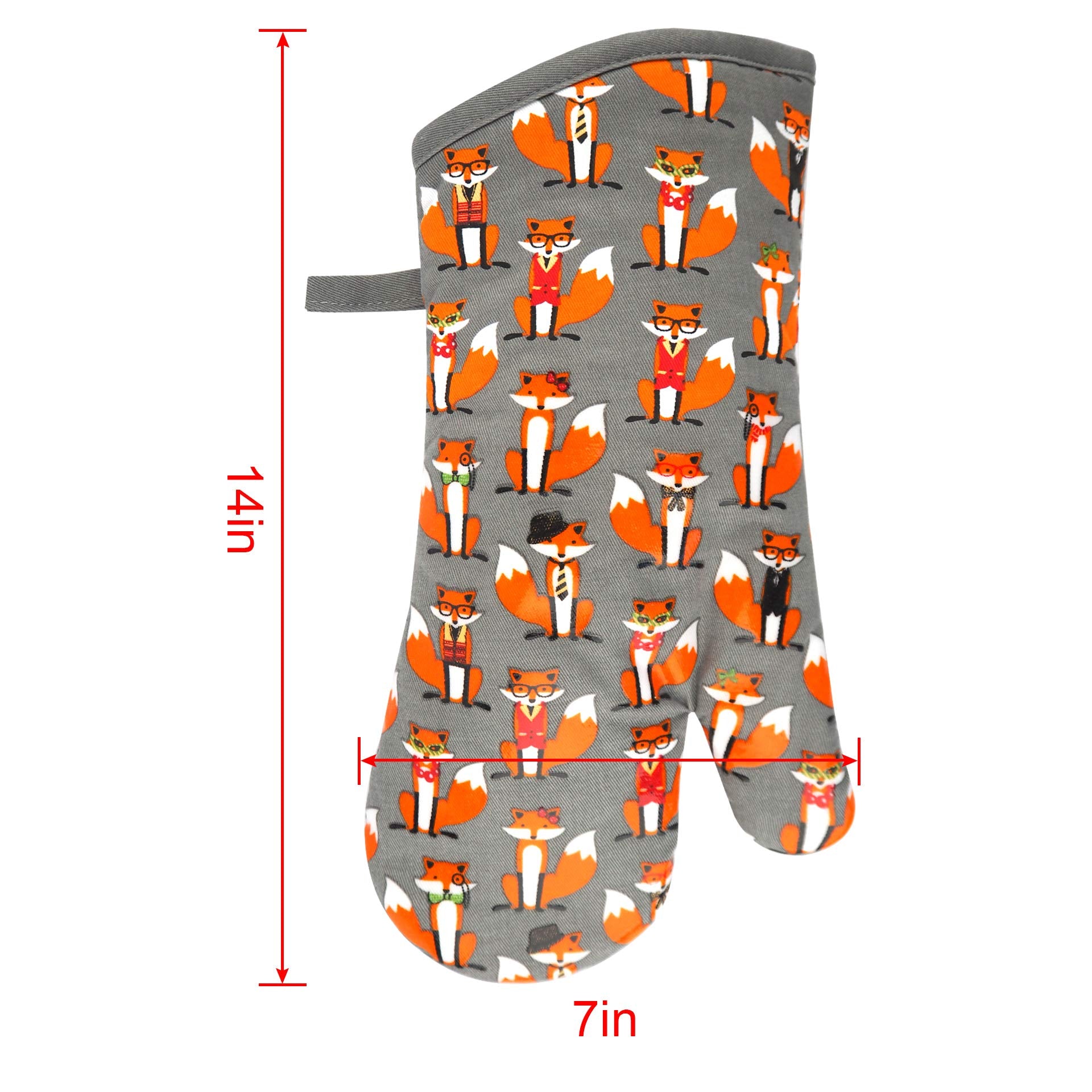 Oven Mitts Gloves 1 Pair Heat Resistant 480 ? Non Slip Clear Silicone Printed Fox Comfortable Cotton Lining Kitchen Women Men Co