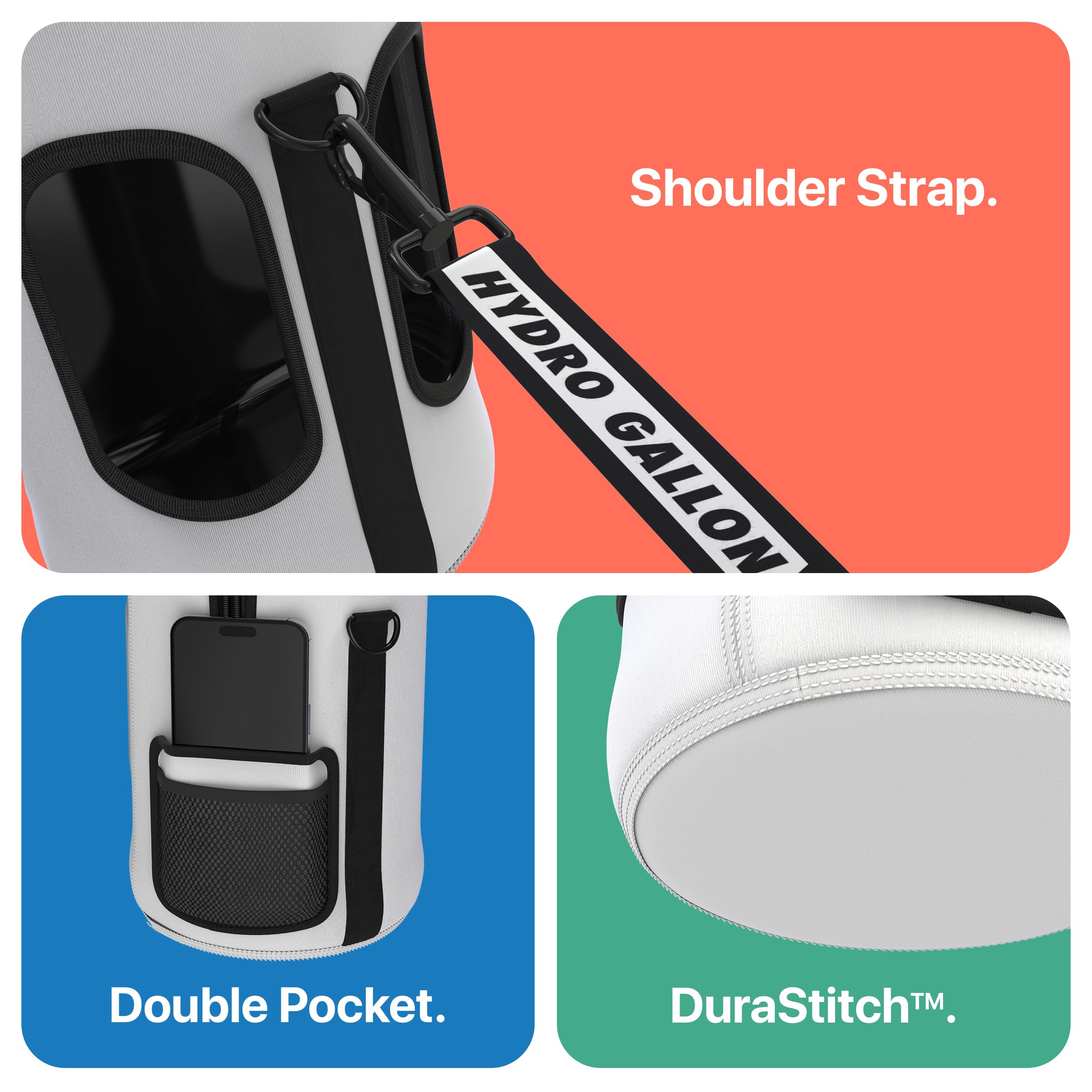 Hydro Gallon? 1 - Gallon Water Bottle Jug with Insulated Sleeve and Straw Lid  Handle  Motivational Time Marker  Pocket  Shoulder Strap. Leakproof BPA free Large Big Bottle. 128oz (White)