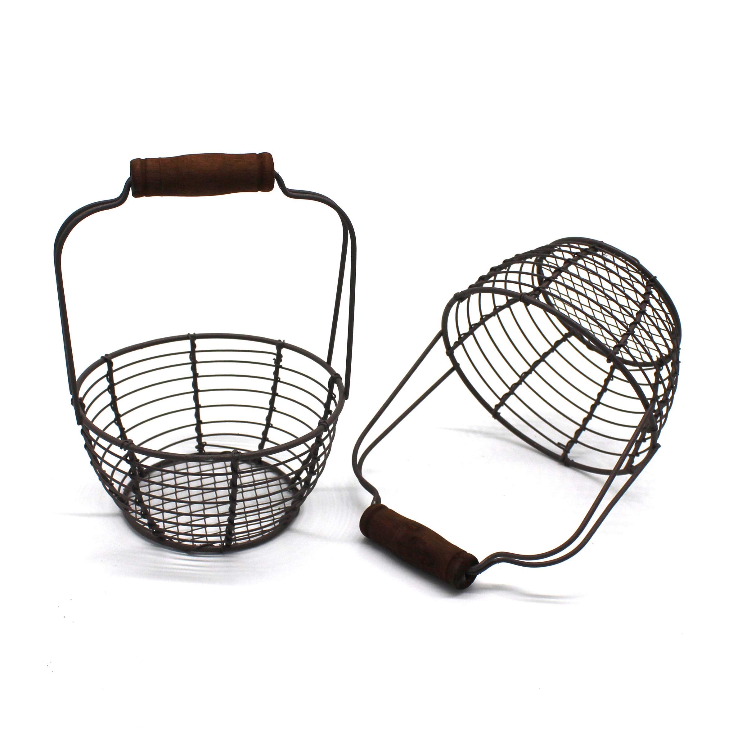 Cvhomedeco. Metal Wire Mini Egg Baskets Rust Gathering Baskets With Wooden Handle Country Vintage Style Storage Baskets. Set Of