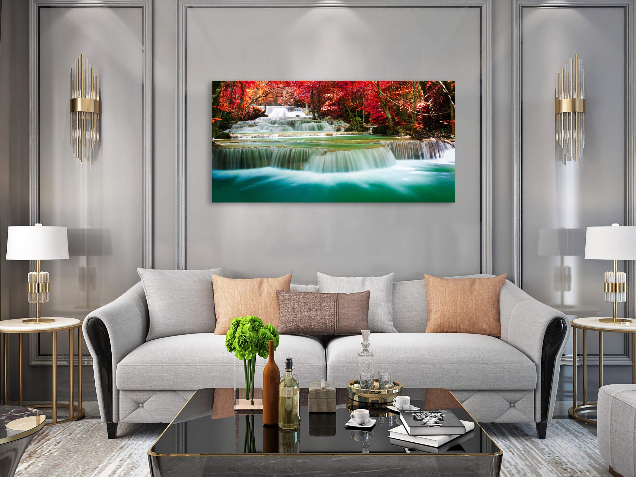 Cao Gen Decor Art-S05162 Wall Art 1 Pieces Waterfall Canvas Print Landscape Paintings Framed Red Trees Forest Canvas Falls Picture for Bedroom Living Room Office kitchen Home Decor Ready to Hang