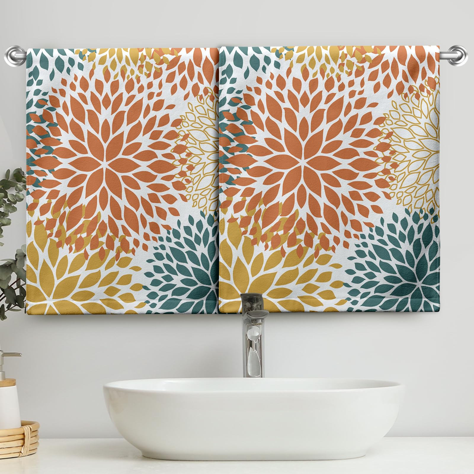 Lealeg Dahlia Floral Hand Towel Set Of 2 Orange And Yellow Flower Kitchen Dish Towels Abstract Geometric Tea Towel Spring Green