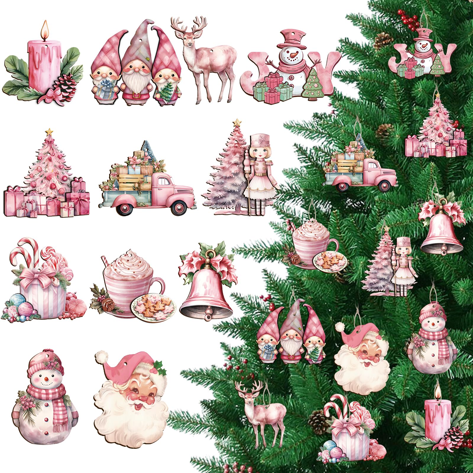 36Pcs Pink Christmas Tree Hanging Ornaments, Wooden Christmas Ornaments for Tree Vintage Rustic Xmas 3D Wooden Hanging Pendants 