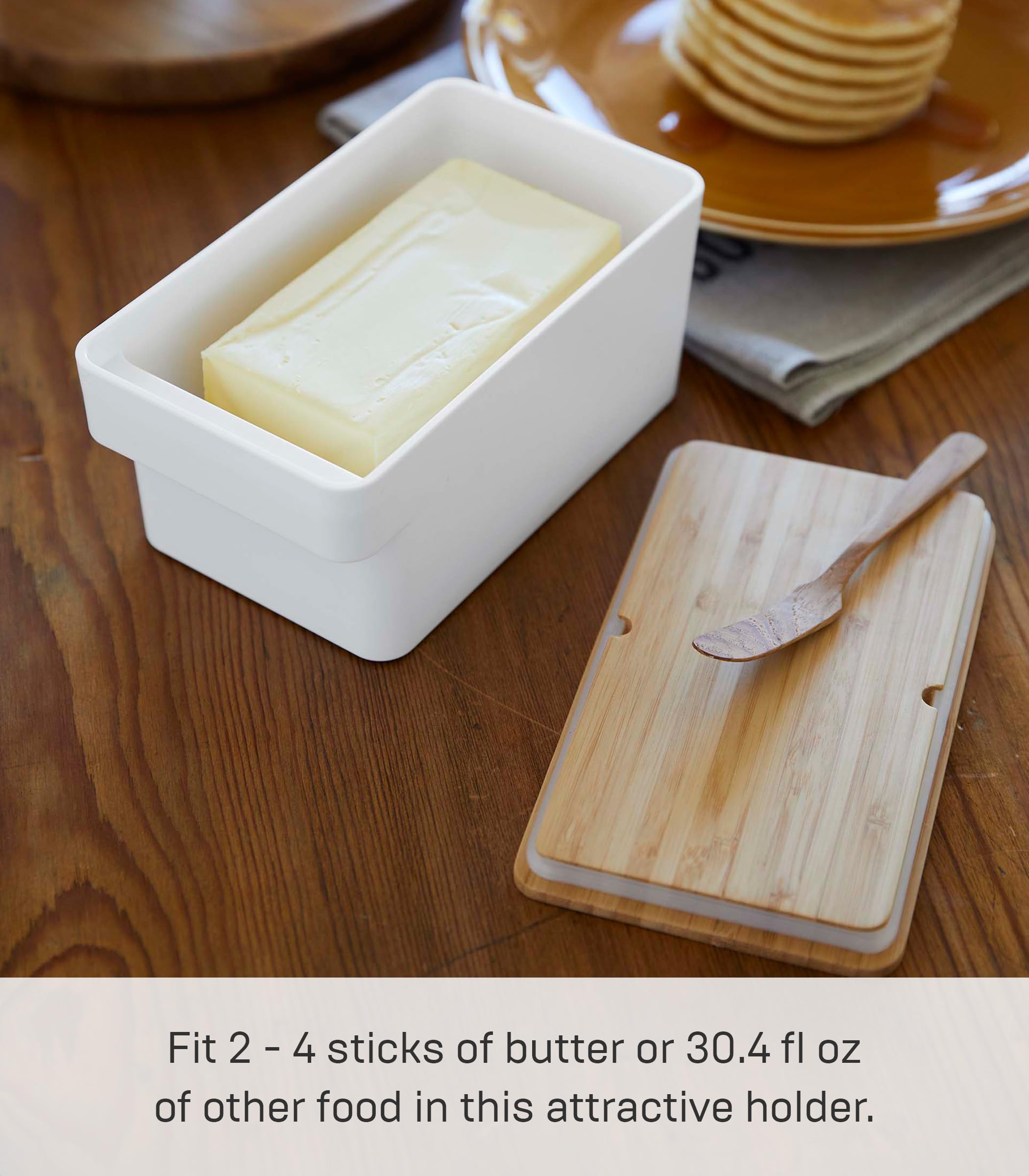 Yamazaki Home Butter Case Food Storage Container For Refrigerator Or Countertop With Handle And Sealed Lid | Plastic + Wood, One