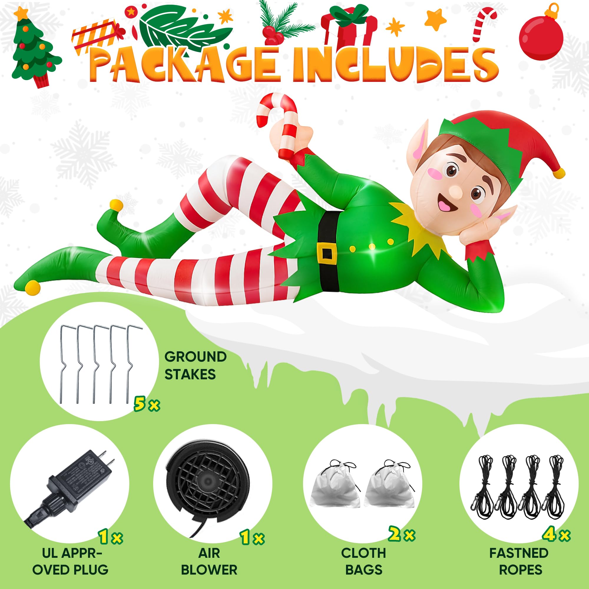 CORALMEE 8 FT Christmas Inflatable Outdoor Decoration, Lying Elf Christmas Blow up Yard Decorations with LED Lights, Elf Inflata