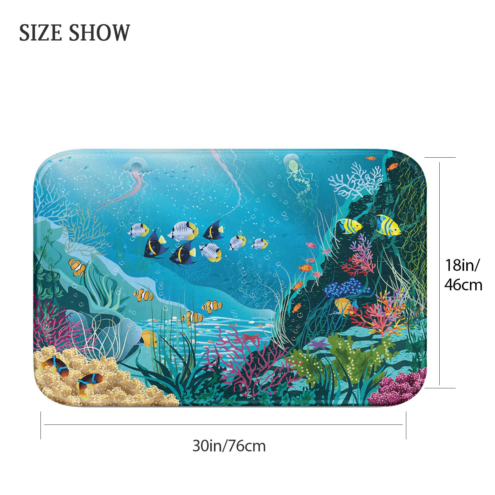 Britimes Blue Sea Bath Mat Water Plants and Tropical Fishes Summer Bathroom Rugs No Silp Undersea Sence Washable Cover Floor Rug Carpets Floor Mat 18x30 Inches for Kitchen Bedroom