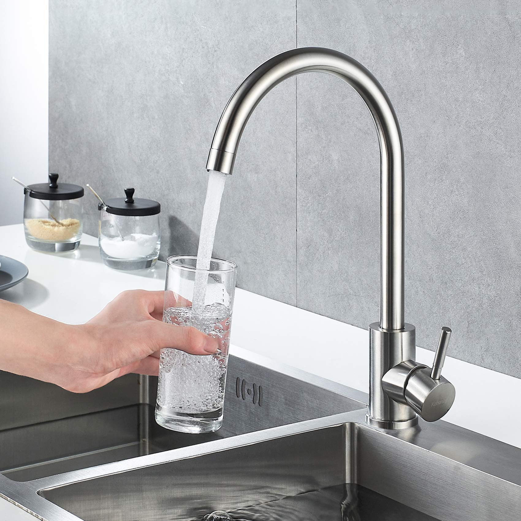 Kohonby Single Handle High Arc Kitchen Faucet Stainless Steel Brushed Nickel Commercial Single Hole Kitchen Sink Faucet Modern One Hole Bar Sink Faucet