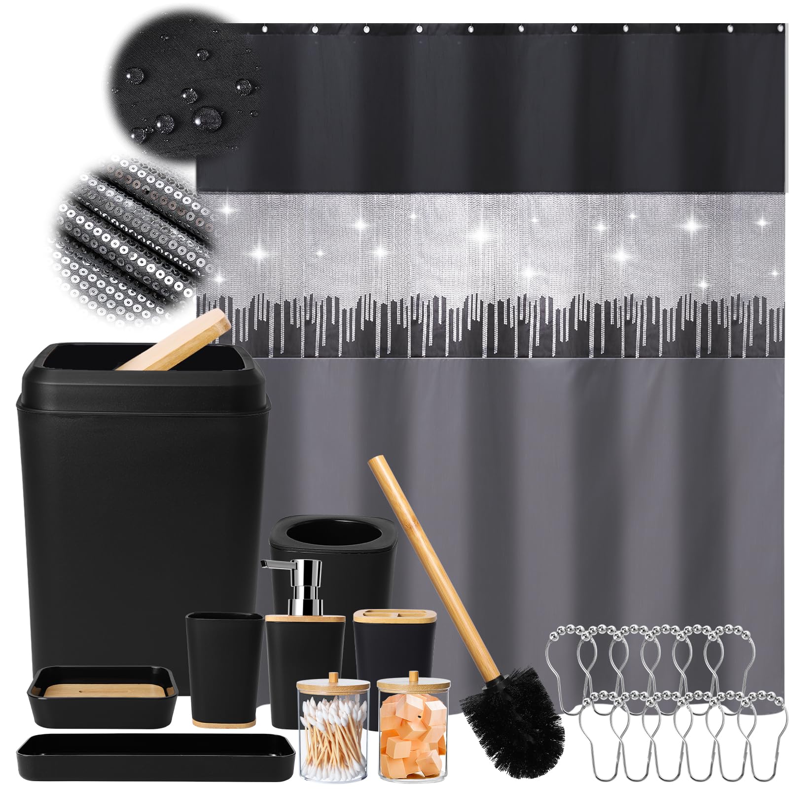 Xlhomo Black Bathroom Accessories With Glitter Shower Curtain,10 Piece Bathroom Sets With Shower Curtain Set Bathroom Set Black
