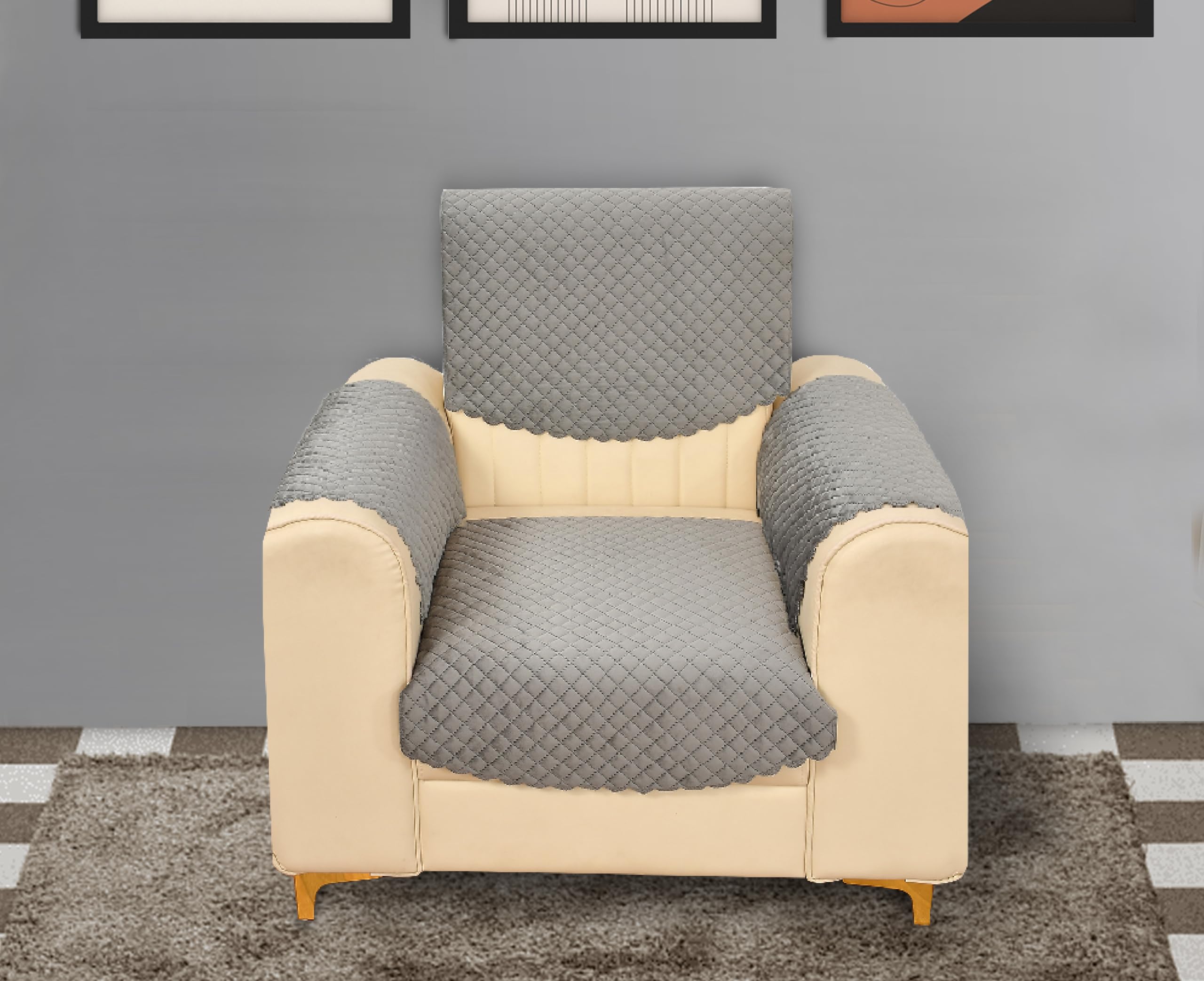 Yellow Weaves 1 Seater Self Design Quilted Sofa Chair Cover With Arm Cover, Seat & Back Cover, Color - Dark Grey