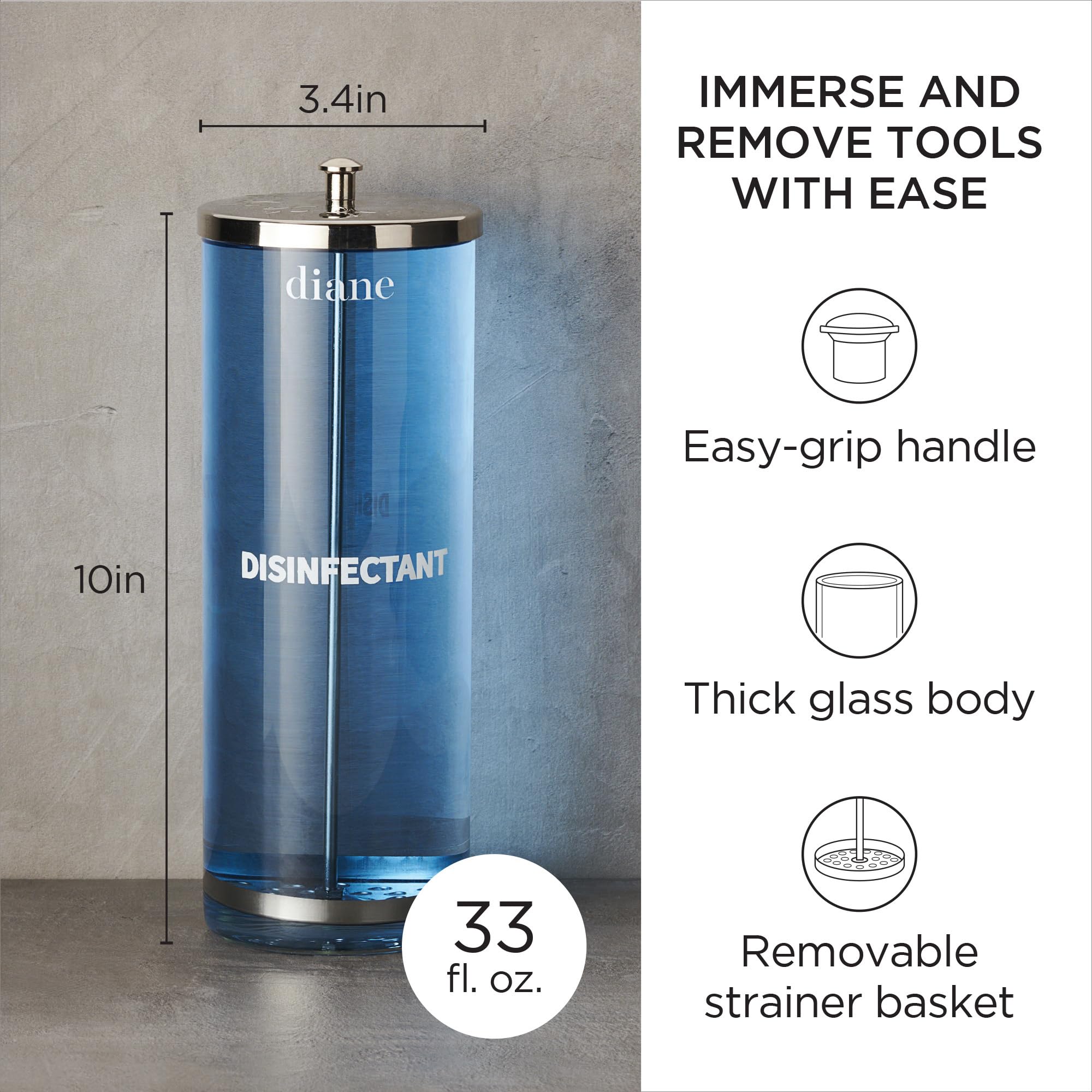 Diane Glass Disinfectant Jar For Sterilizing Hair Salon Shears, Combs, Barber Cleaning Supplies, Clippers, And Nail Tools - Larg
