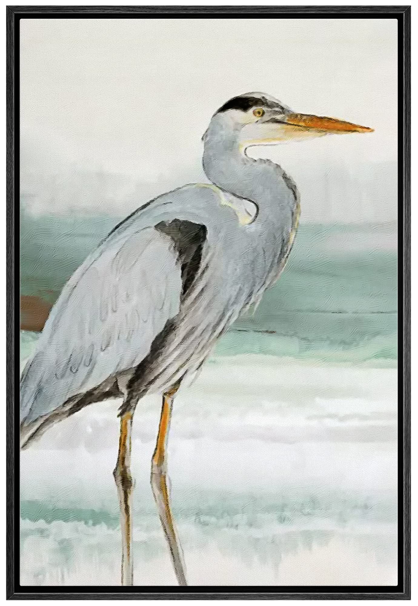 Wall26 Framed Canvas Print Wall Art Pastel Beach Wave Ocean Crane Bird Nature Wilderness Illustrations Modern Art Decorative Rus