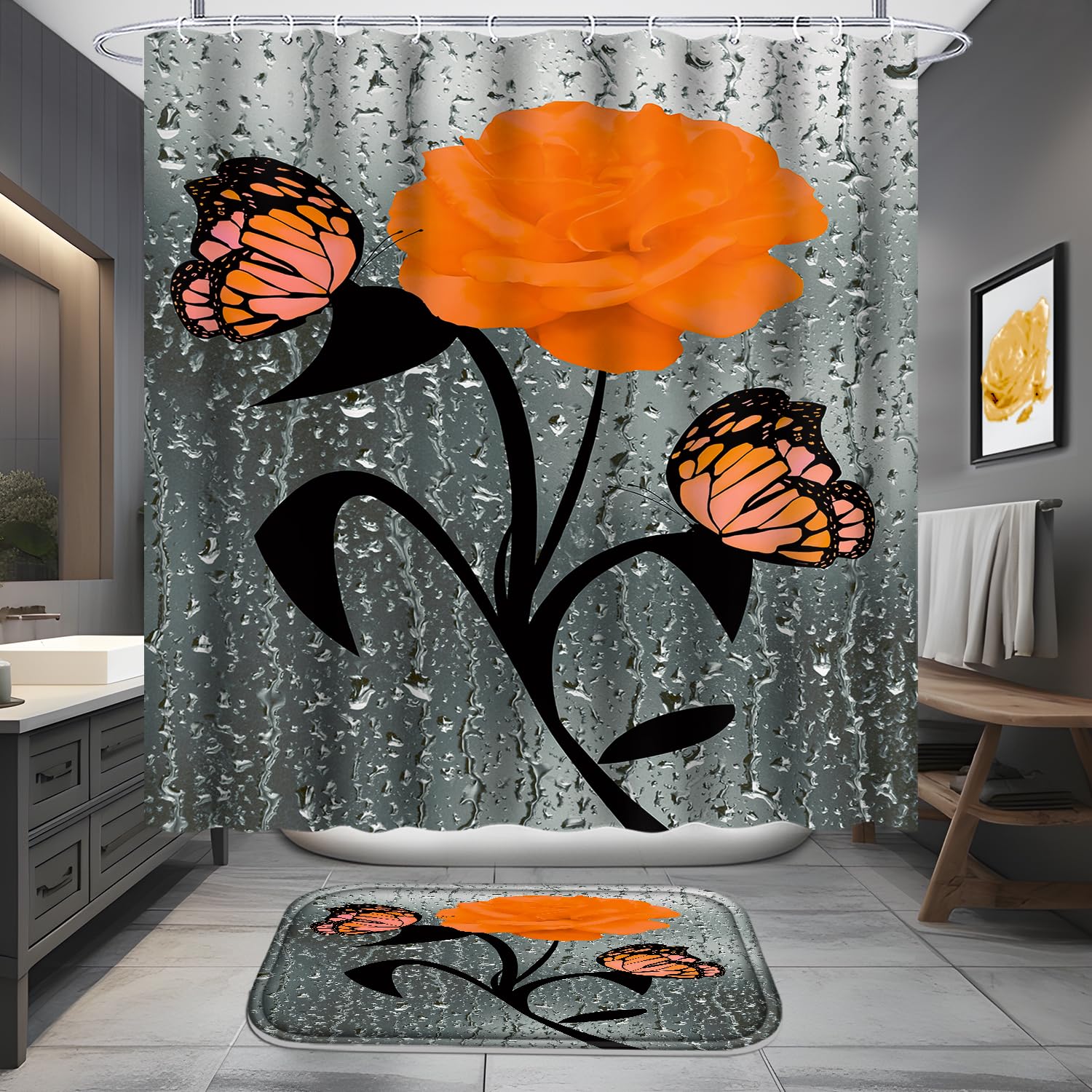 Poedist 4 Pcs Bathroom Set,Orange Rose Shower Curtain Sets, Romantic Shower Curtain Sets With Rugs(Bath Mat,U Shape And Toilet L