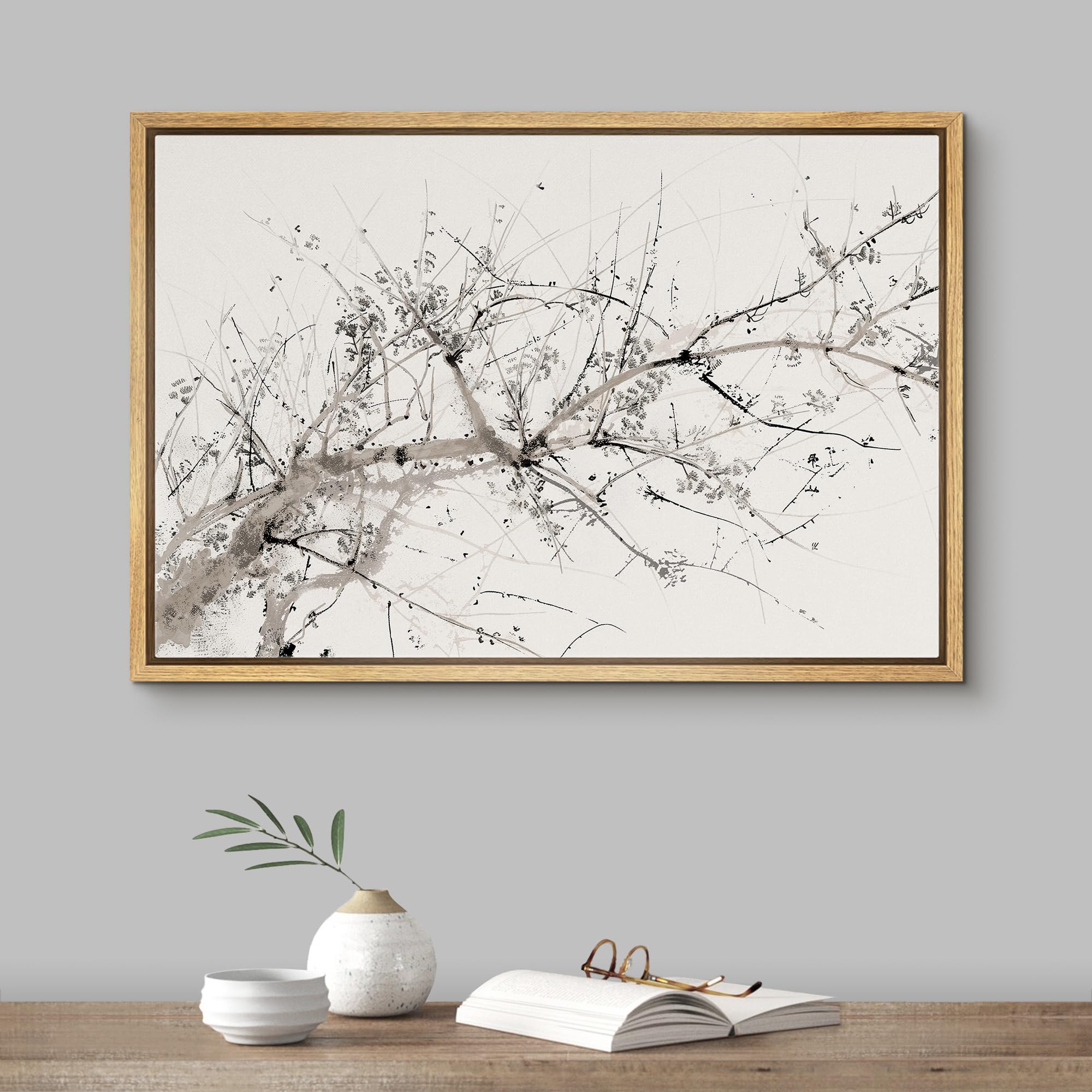 Signford Framed Canvas Print Wall Art Abstract Ink Tree Branch Illustrations Modern Art Decorative Minimal Relax/Zen For Living