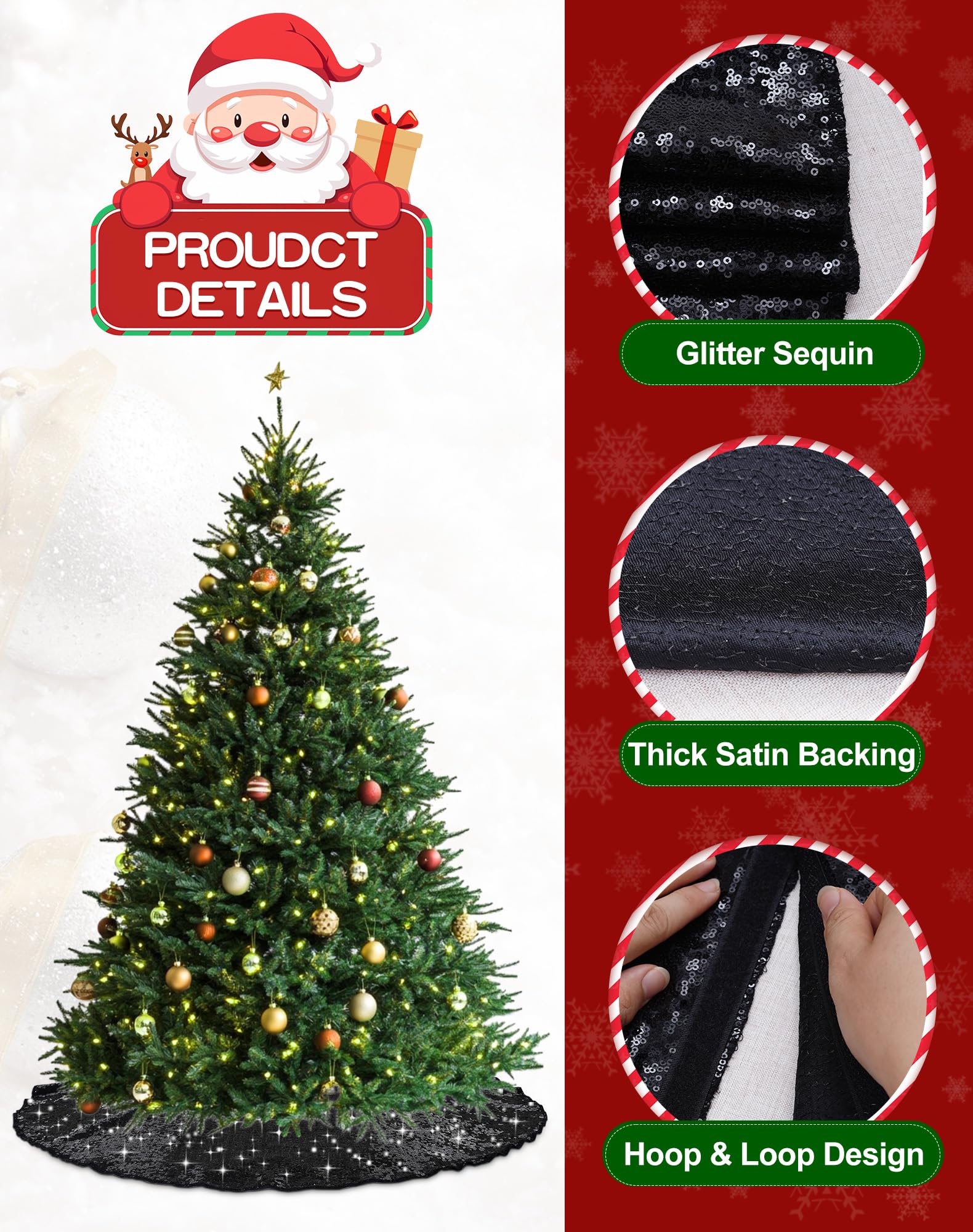 SquarePie Christmas Sequin Tree Skirt Glitter Halloween Decoration 24 Inch Black Thick Satin Backing