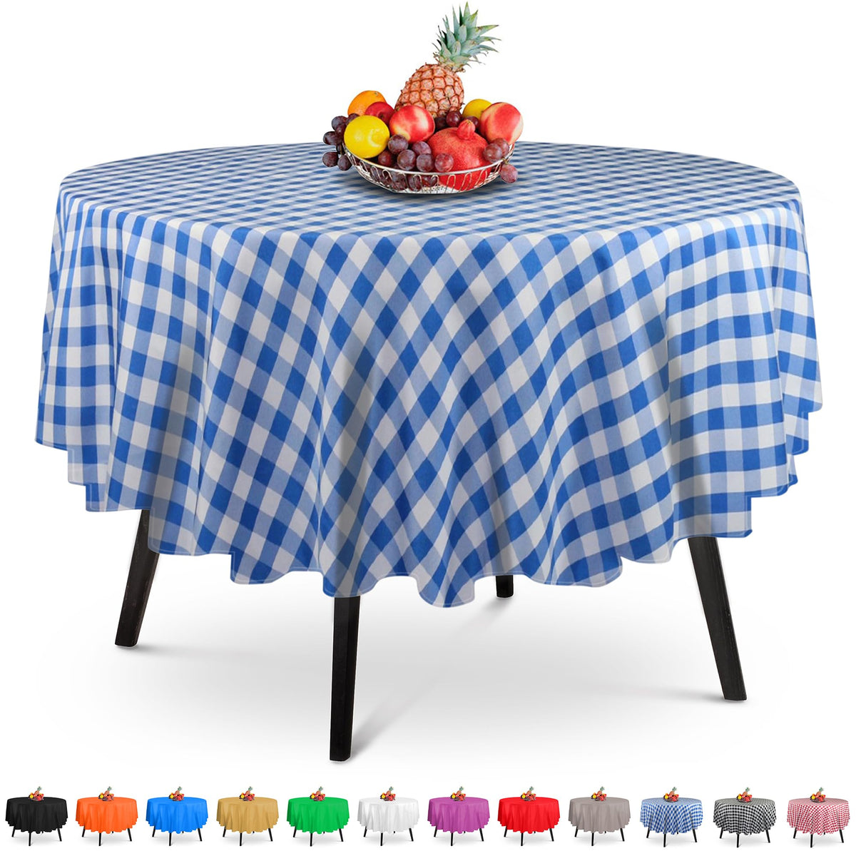 14 Pack Premium Round Checkered Blue Plastic Tablecloth - 84 X 84 In. Disposable Round Plastic Table Cloth - Decorative Round Ta