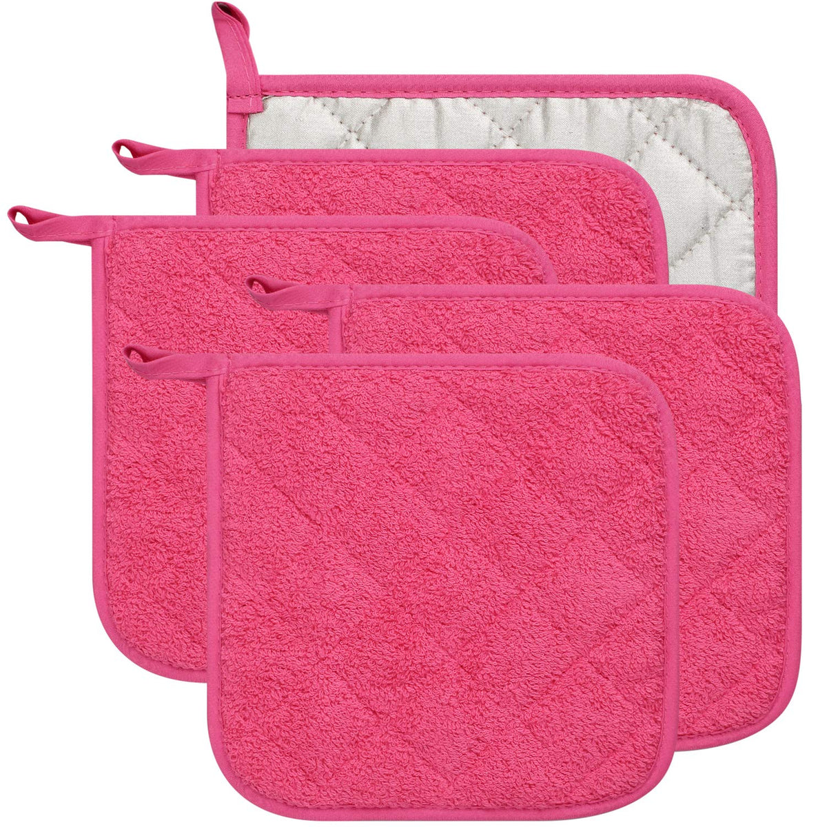 100% Cotton Kitchen Everyday Basic Terry Pot Holder Heat Resistant Coaster Potholder For Cooking And Baking Set Of 5 (Dark Pink,