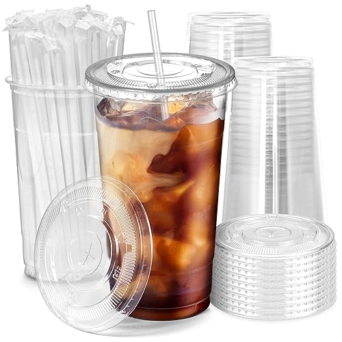 [100 Pack] 32 oz Clear Plastic Cups with Flat Lids and Clear Straws  Disposable Iced Coffee Cups  BPA Free Crystal Lemonade Cup for Party  Smoothie  Cold Drinks  Juice  Milkshake  Bubble Boba  Tea