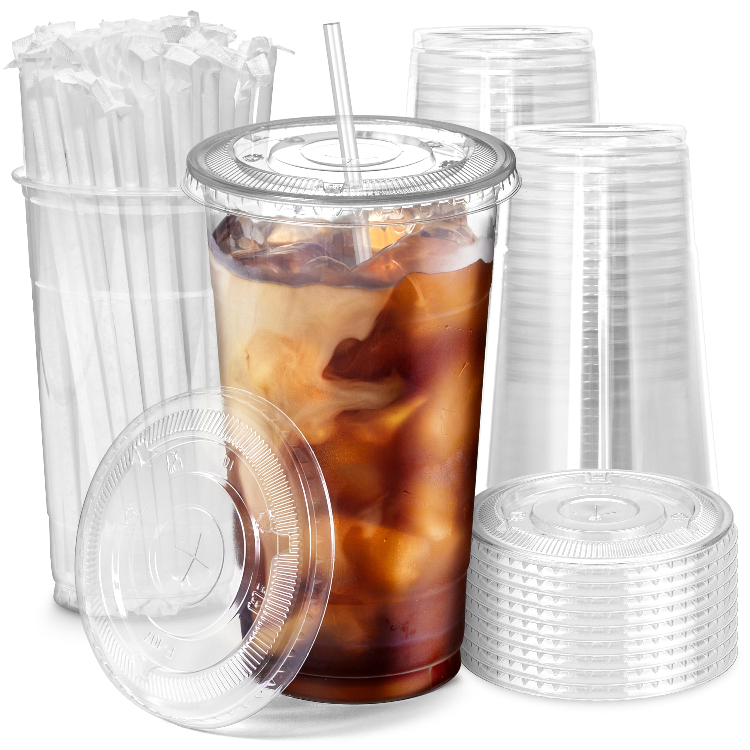 [100 Pack] 32 Oz Clear Plastic Cups With Flat Lids And Clear Straws, Disposable Iced Coffee Cups, Bpa Free Crystal Lemonade Cup