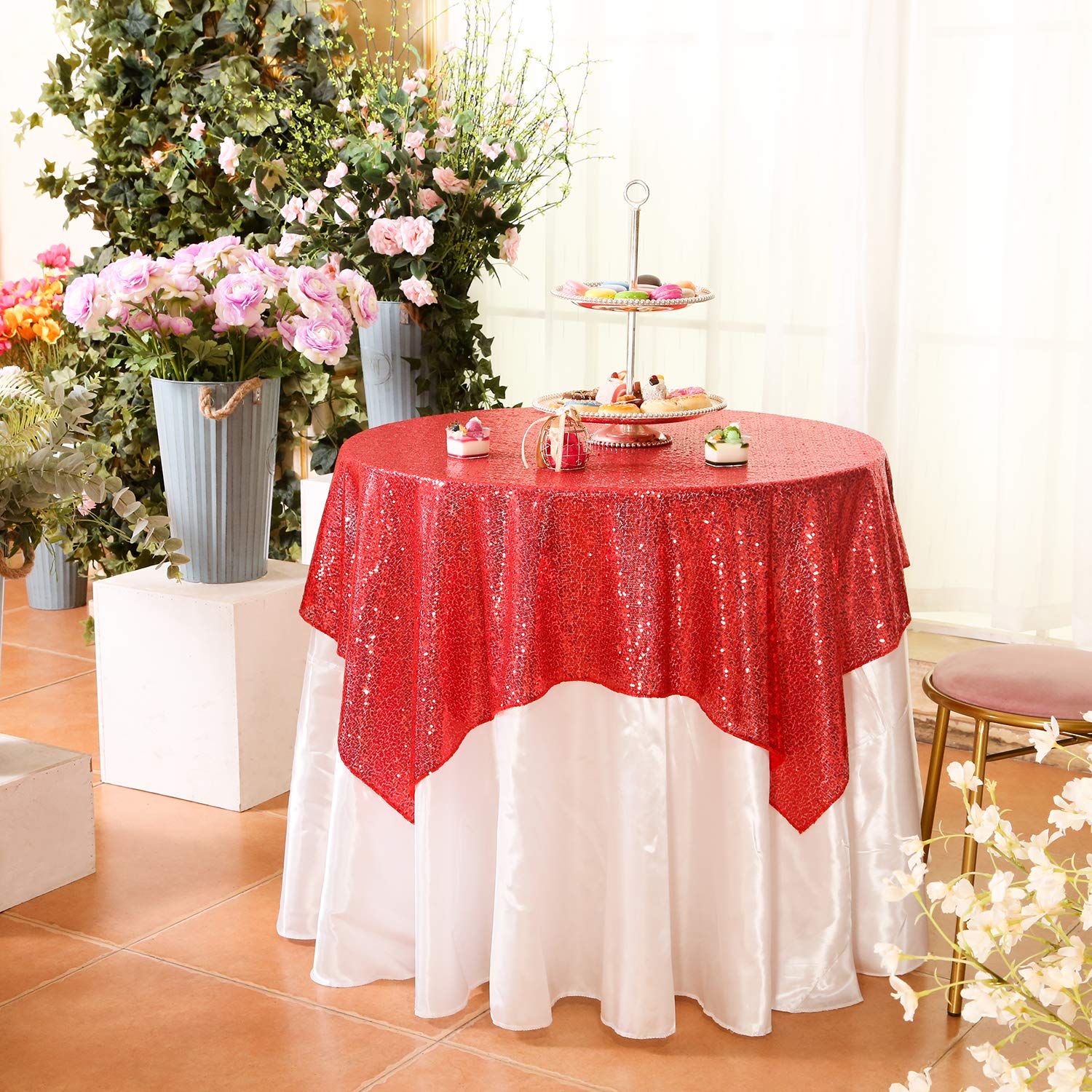 Eternal Beauty Red Square Sequin Tablecloth Sequin Overlay Tablecloth For Wedding Christmas Party 48''X48''