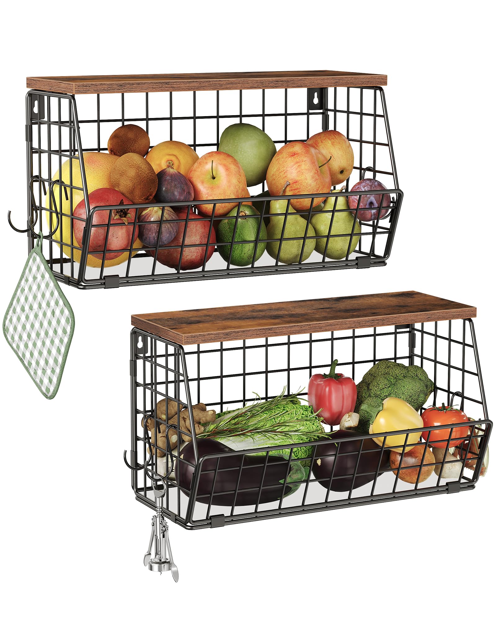CHOEZON 2-Tier Fruit Basket for Kitchen, Stackable wire basket with Wooden Lid, Hanging Basket with 4 Banana Hanger Hooks, for S