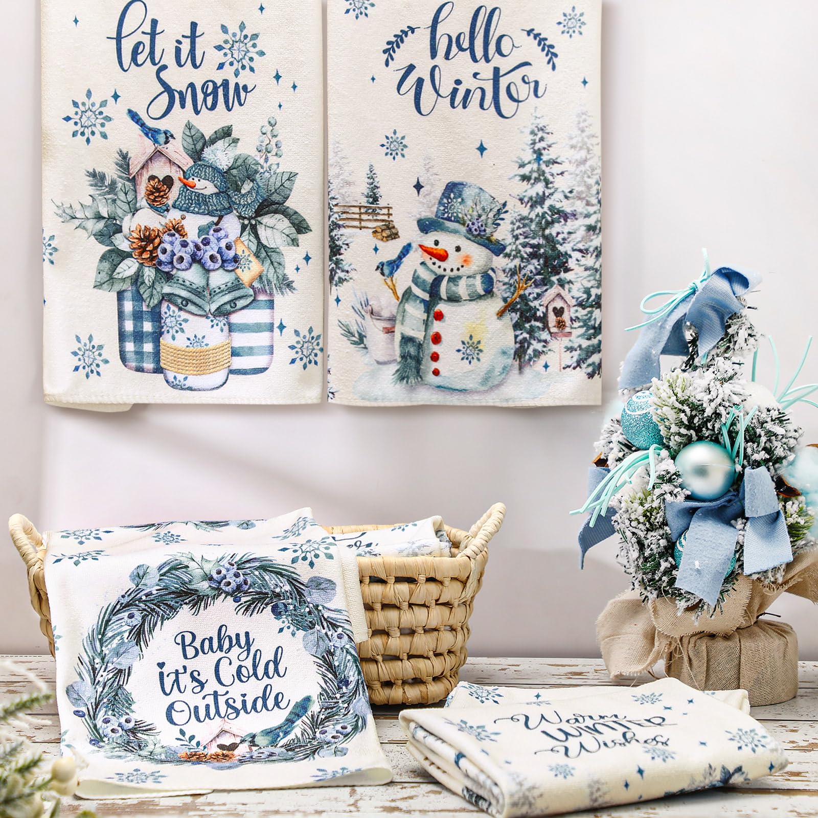 Breling Set of 6 Christmas Kitchen Towel Hello Winter Dish Towel Let It Snow Bathroom Decorative Snowflake Snowman Dishcloth for