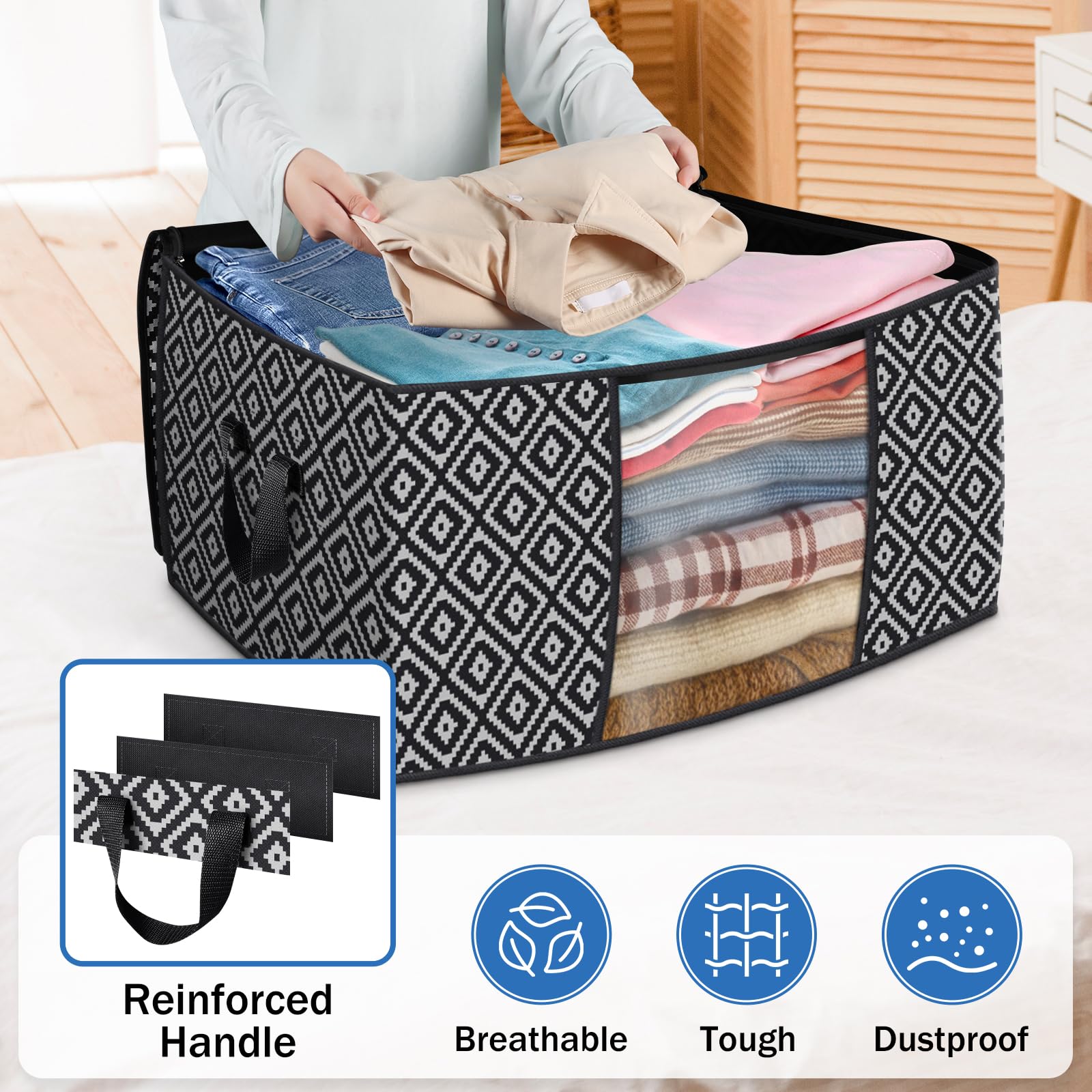 StorageTastic Direct 100L, 3 Pack, Storage Containers, Large Clothes Storage Bins Foldable Organization and Storage Bags with Re