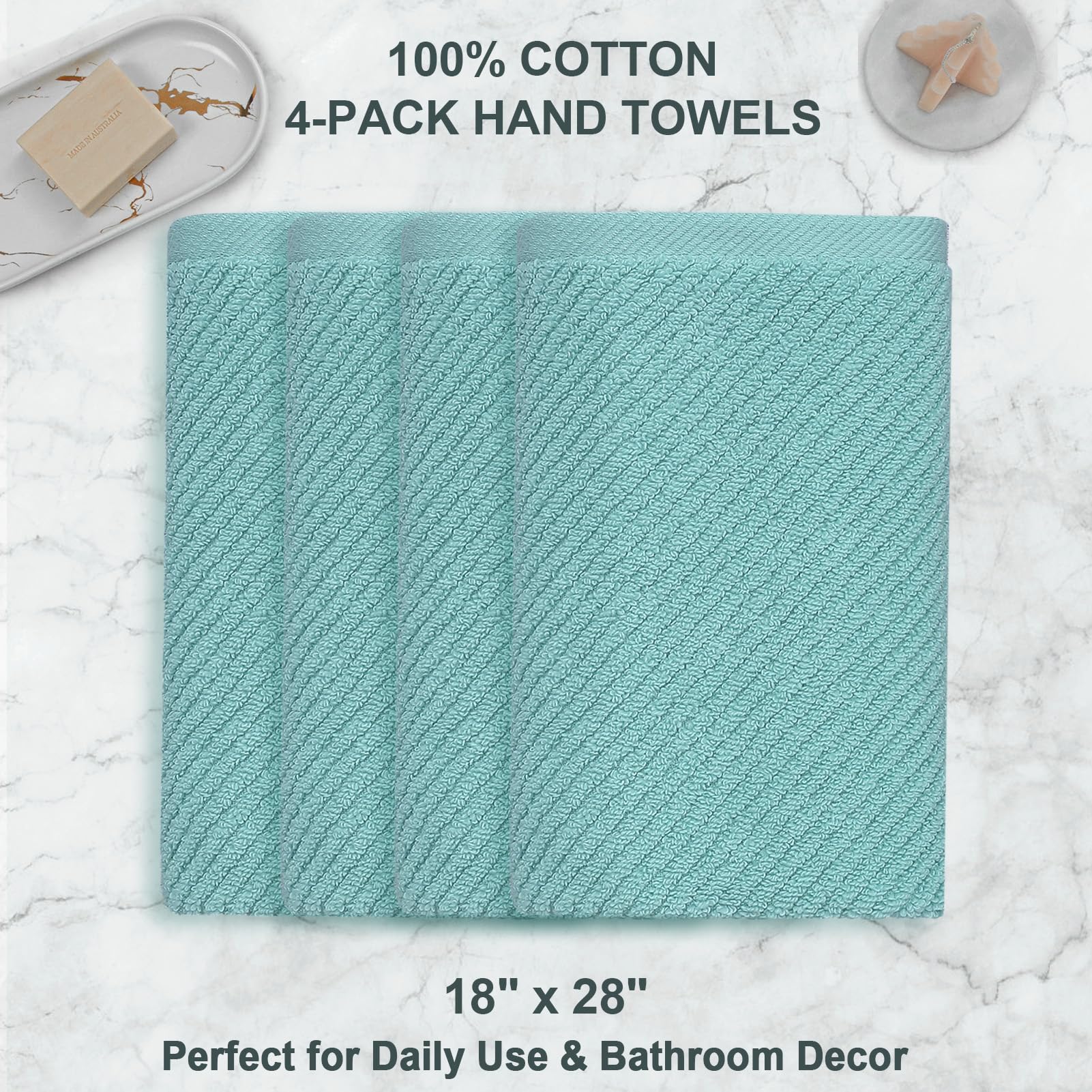 Voova & Movas Bathroom Hand Towels Set Of 4, Large 18'' X 28'' - Quick Dry | Lightweight | Soft | Fluffy | 100% Cotton | Absorpt