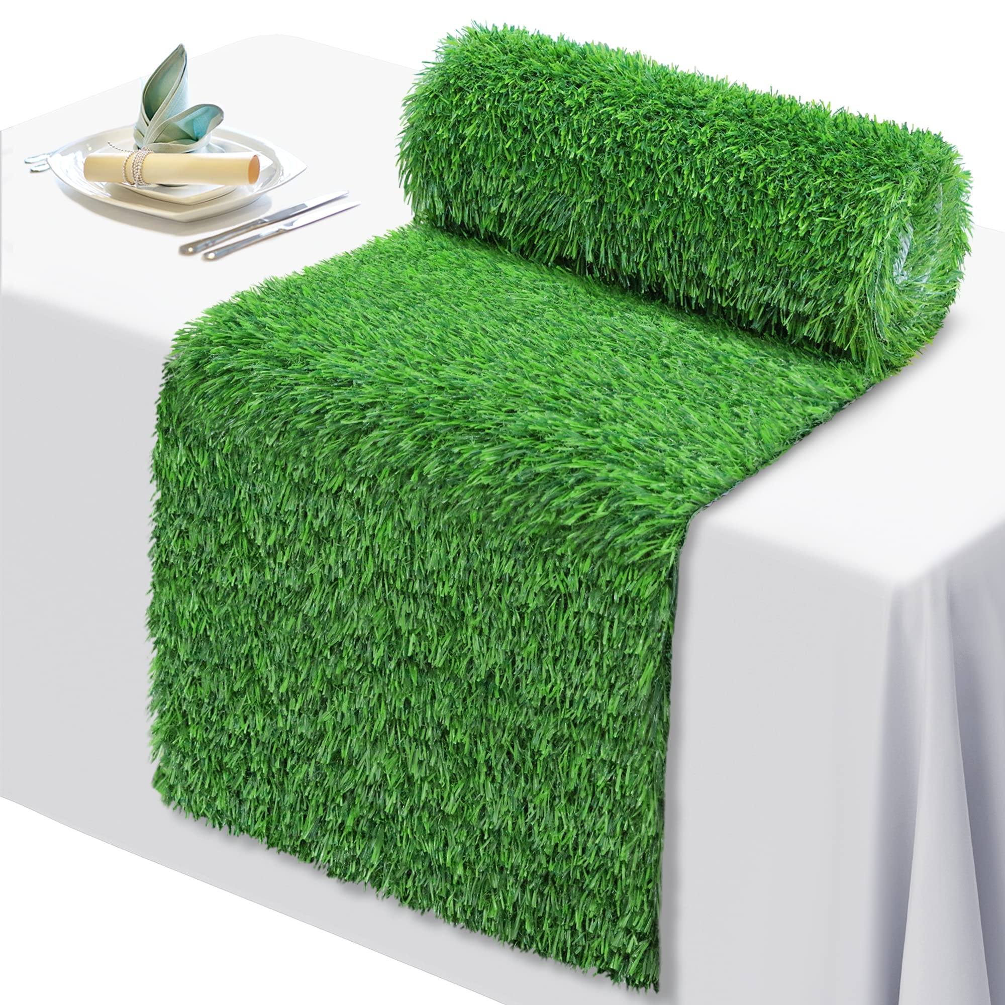 Goldouya 12 X 72 Inch Artificial Grass Dining Table Runner Green Table Decor For Holiday Party, Kitchen Decor, Wedding, Banquet,