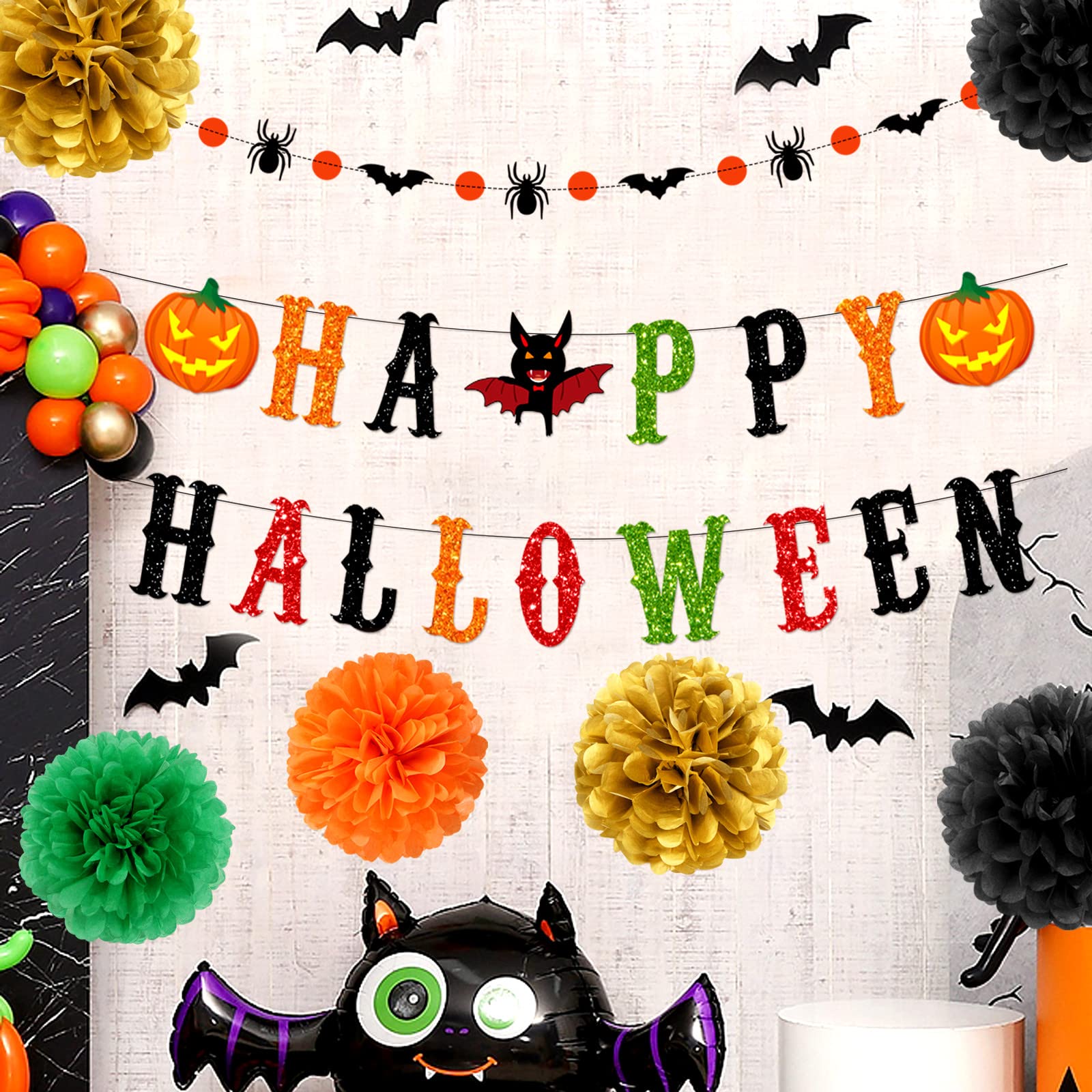 Black-Orange Green-Gold Halloween Party-Decorations - 8Pcs Kits Happy Halloween Banner, Tissue Flower Paper Pom Poms Streamers,B