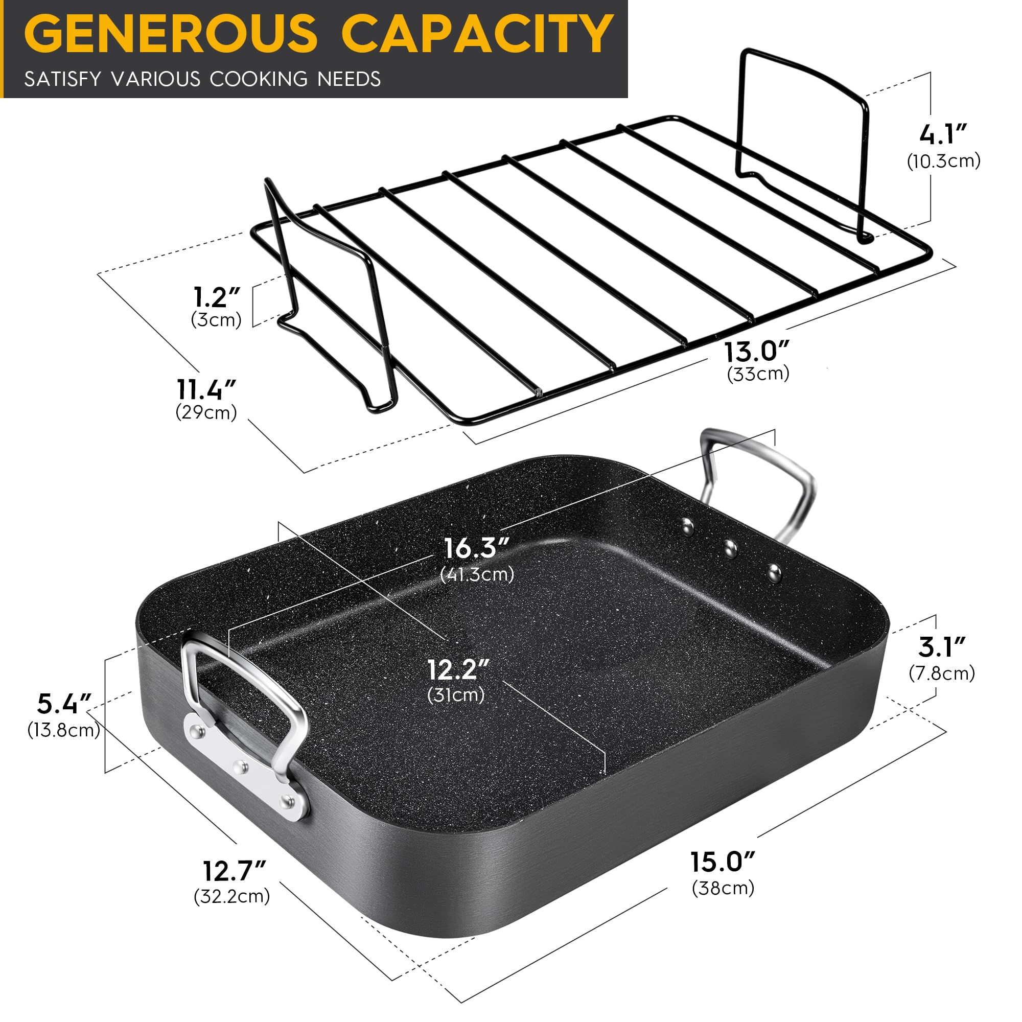 Michelangelo Roasting Pan With Rack, Hard Anodized Turkey Roaster Pan, Large Turkey Roasting Pan For Oven, Nonstick Rectangular