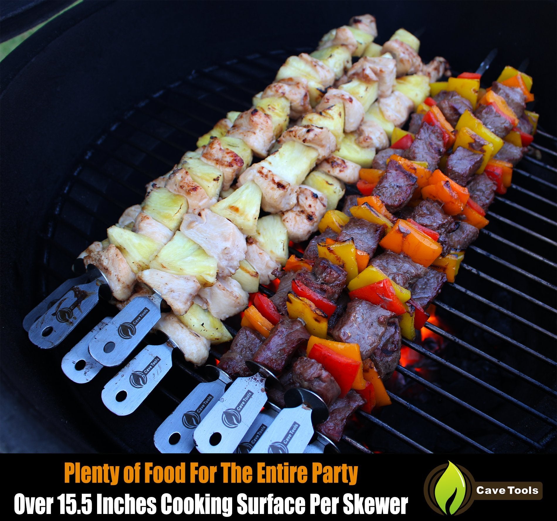 Cave Tools Skewers Set - 10 Stainless Steel Wide Bbq Kebob Sticks For Bbq Grill - Flat Metal With Food Remover Disc - Bbq Access