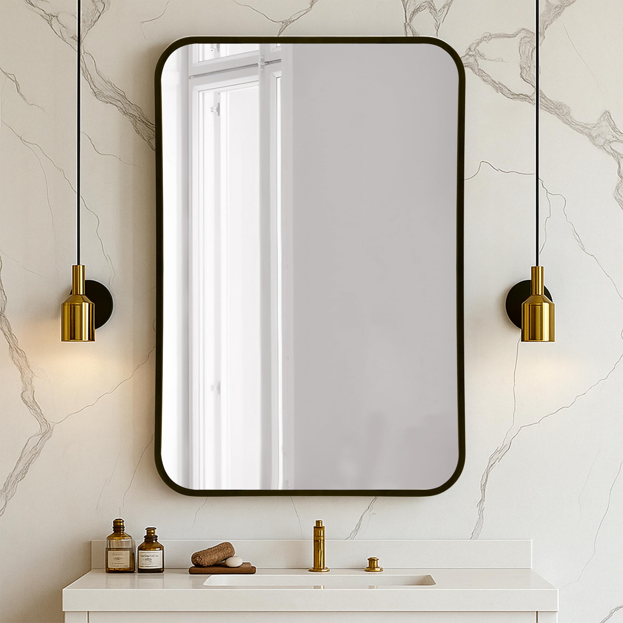 Art Street Rectangular Decorative Wall Mirror With Aluminum Metal Frame Black | Rounded Rectangular Vanity Mirror For Makeup, Be
