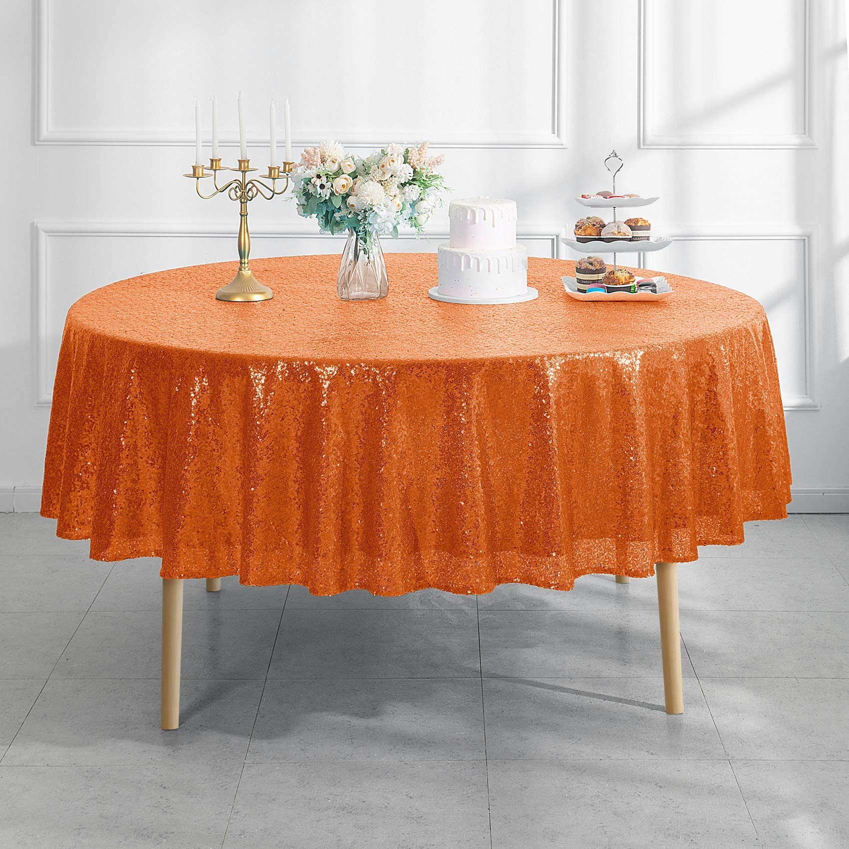 Pufogu 50'' Round Orange Sequin Tablecloth Glitter Orange Table Cloths for Birthday Wedding Bridal Baby Shower Party Decorations