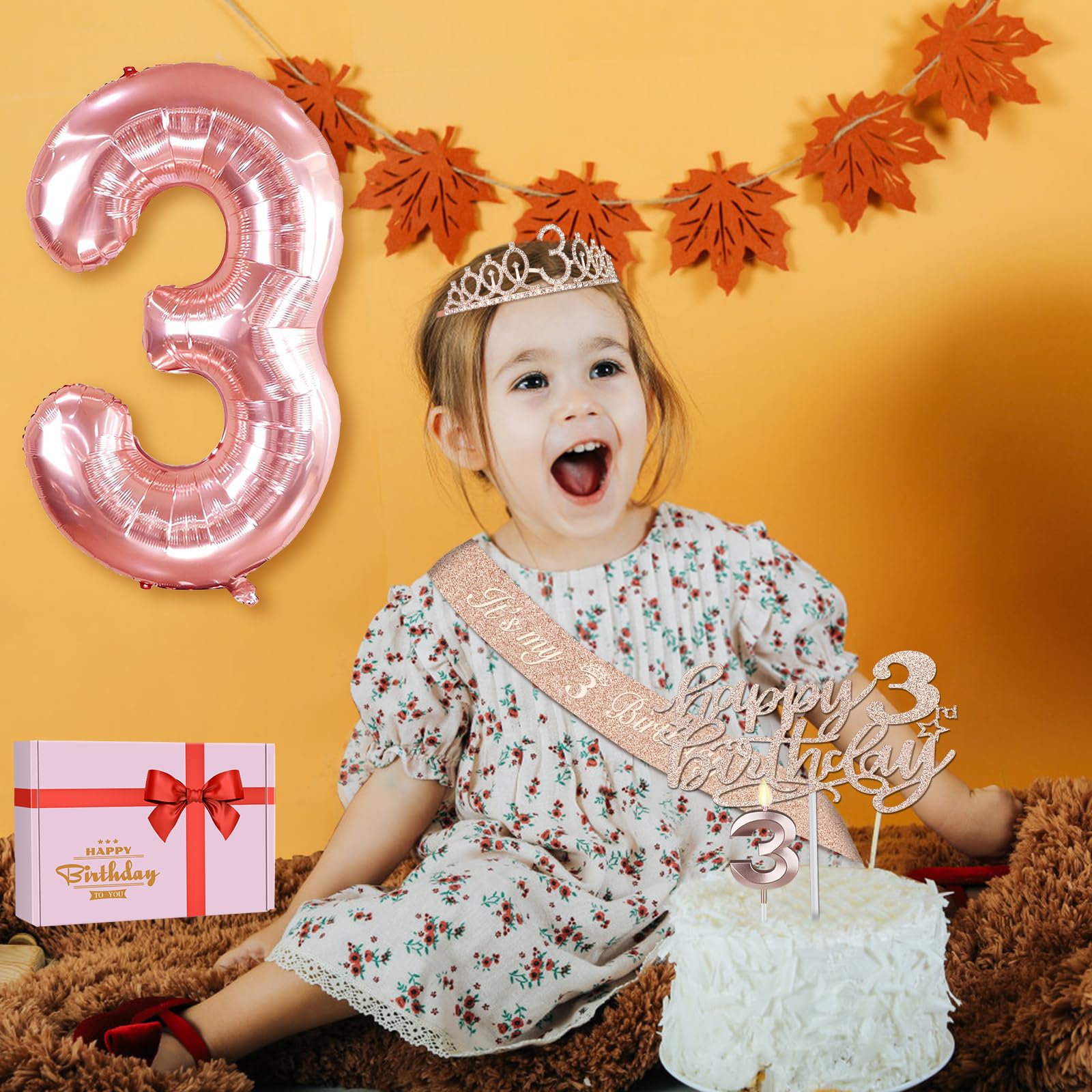3Rd Birthday Decorations For Girls, Including 3Rd Birthday Sash And Tiara, Number 3 Candles And Cake Toppers, Rose Gold Numeral