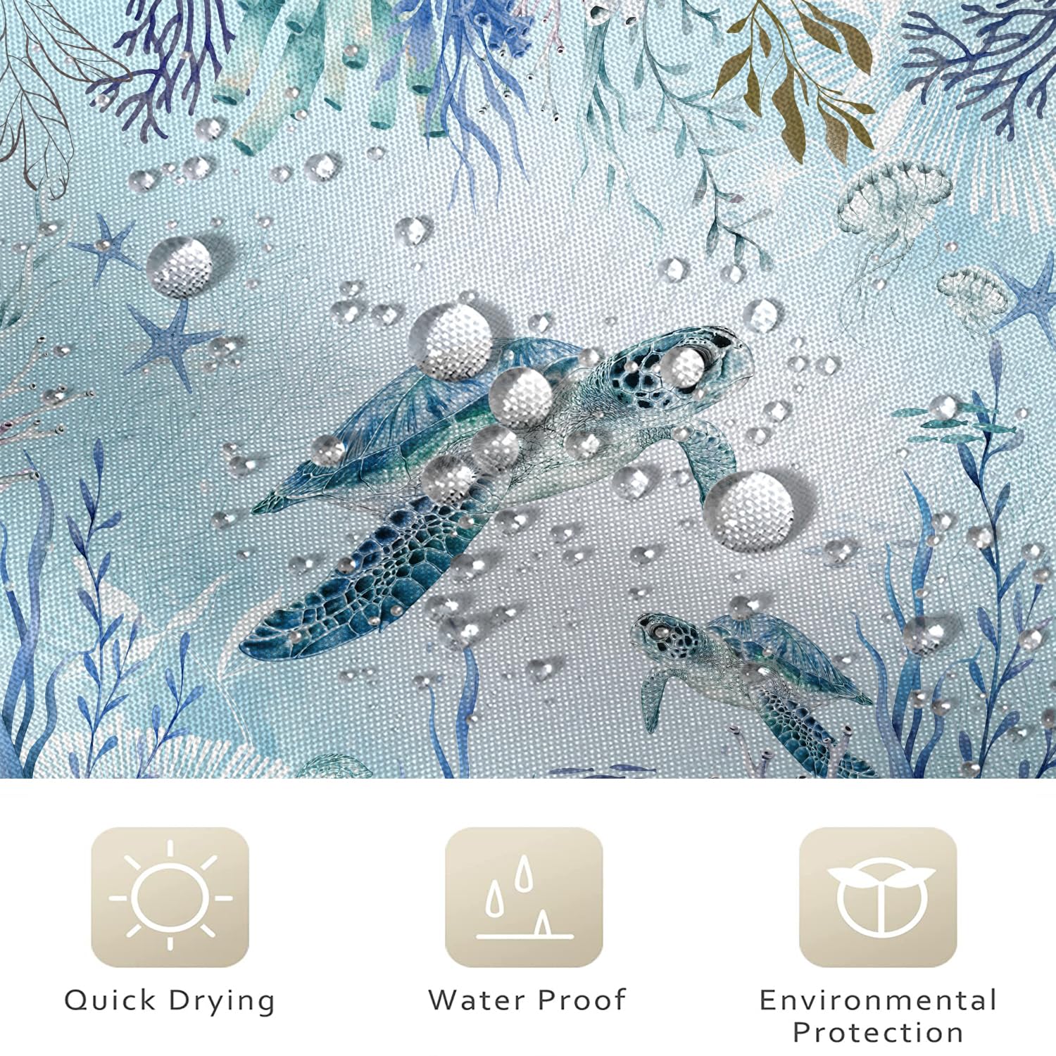 Caheansi Sea Turtle Shower Curtain, Teal Blue Ocean Beach Coastal Turtle Starfish Jellyfish Underwater Creatures Bathroom Curtai