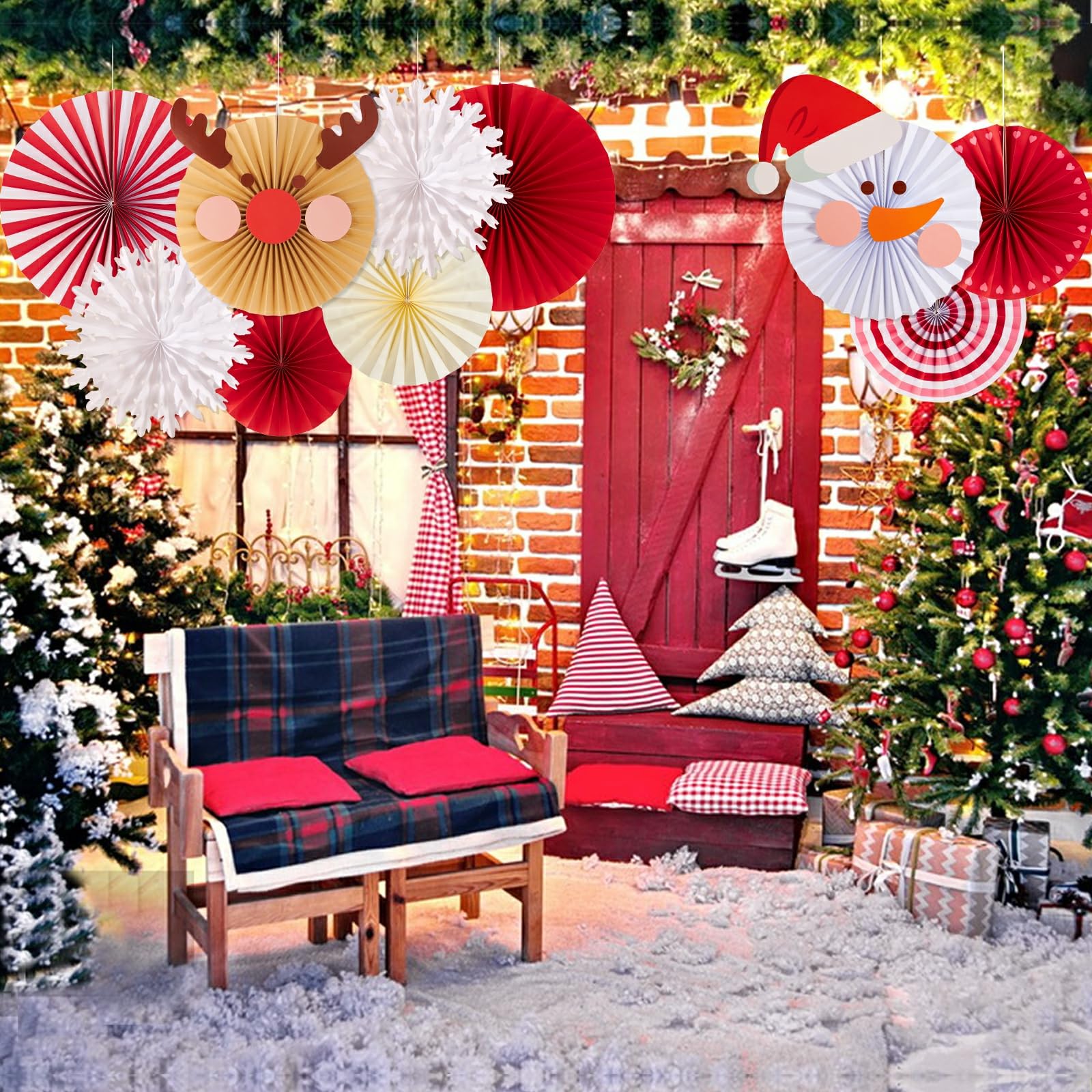 Christmas Hanging Paper Fans Decoration Red White Xmas Snowman Party Ceiling Hangings Deco Elk Tissue Paper Fans Decoration Set