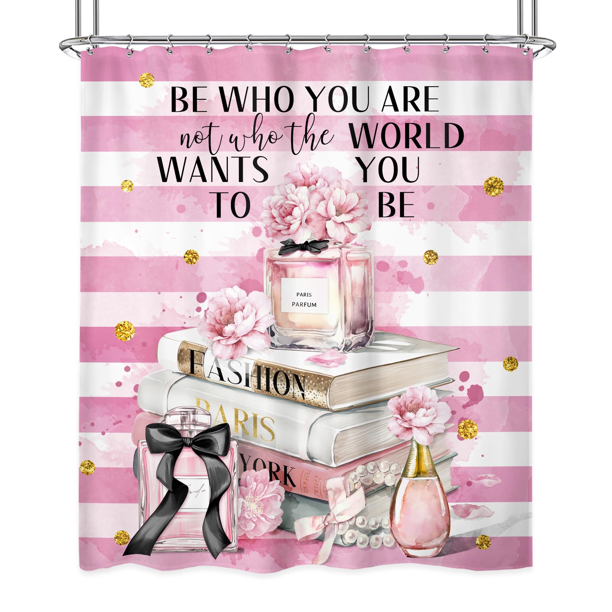 Riyidecor Fashion Shower Curtain 60Wx72H Inch Modern Women Pink White Stripe Magazine Books Perfume Flower Gold Dots Girls Bathroom Decor Fabric Polyester Waterproof 12 Pack Hooks