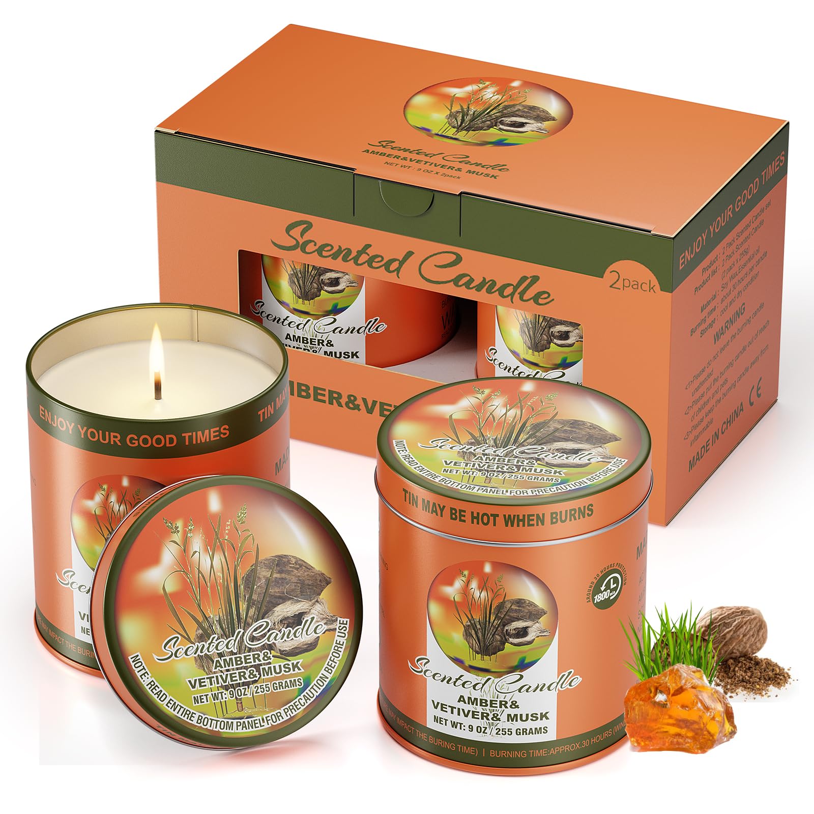 2 Pack Scented Candles (90 Total Burn Hours) - Soy Wax Candles 9 oz Each in Tin - Long Lasting Aromatherapy Candle Gift Set (Amb