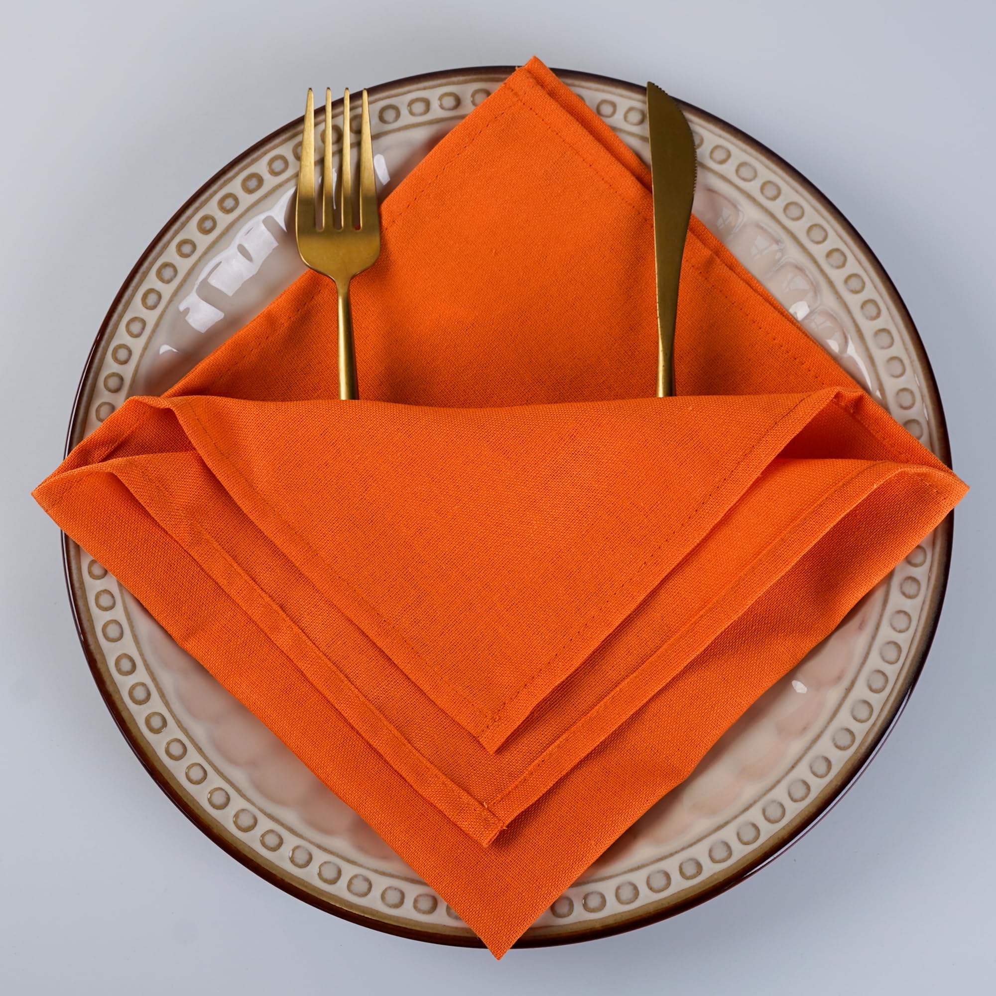 INFEI Solid Color Cotton Linen Blended Thin Dinner Fabric Napkins - Set of 12 (40 x 40 cm) - for Events & Home Use (Orange)