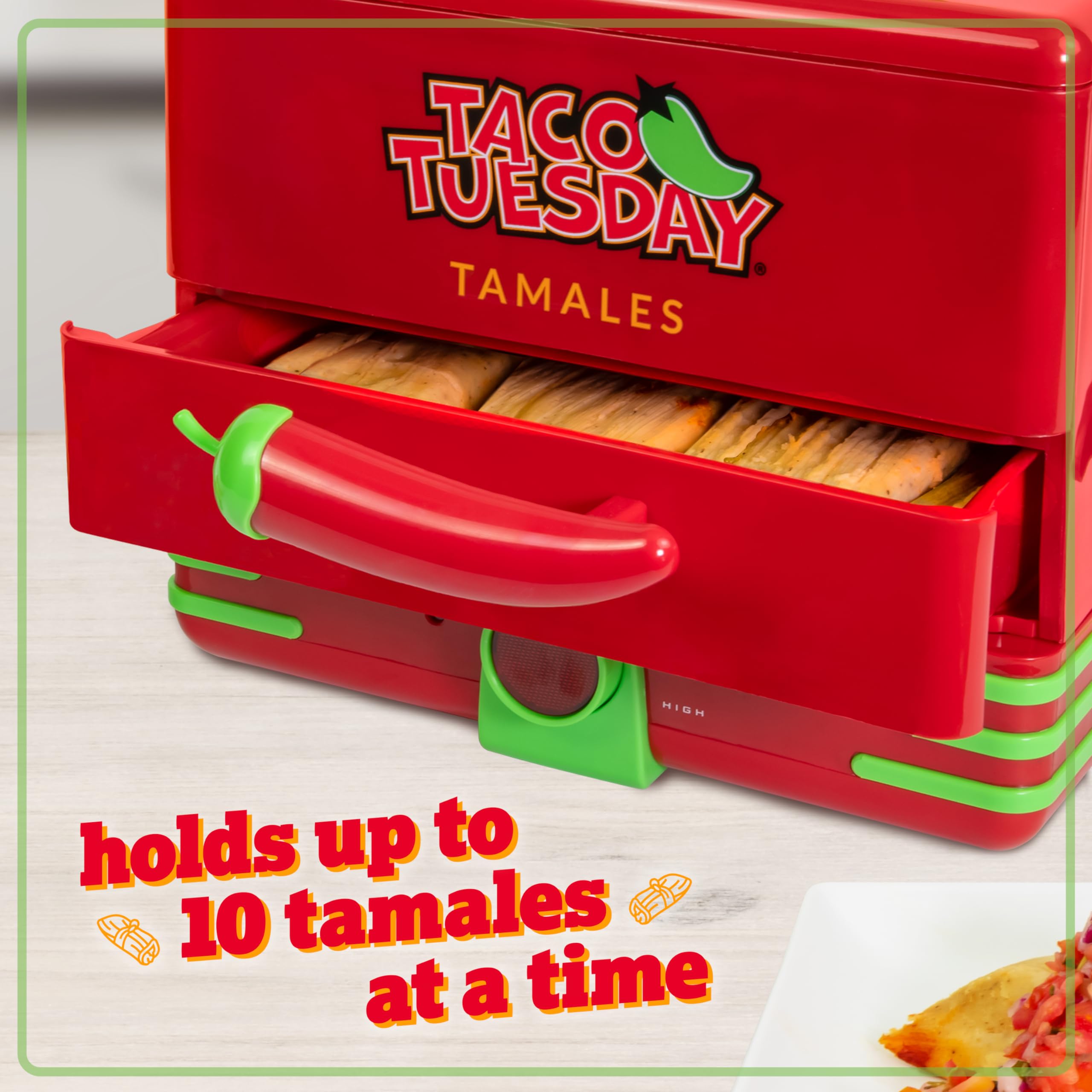 Nostalgia Taco Tuesday Tamales Steamer - 2-Tier Red & Green, Plastic/Metal, Model TTTS48RD6A, Perfect for Veggies, Pot Stickers, & More