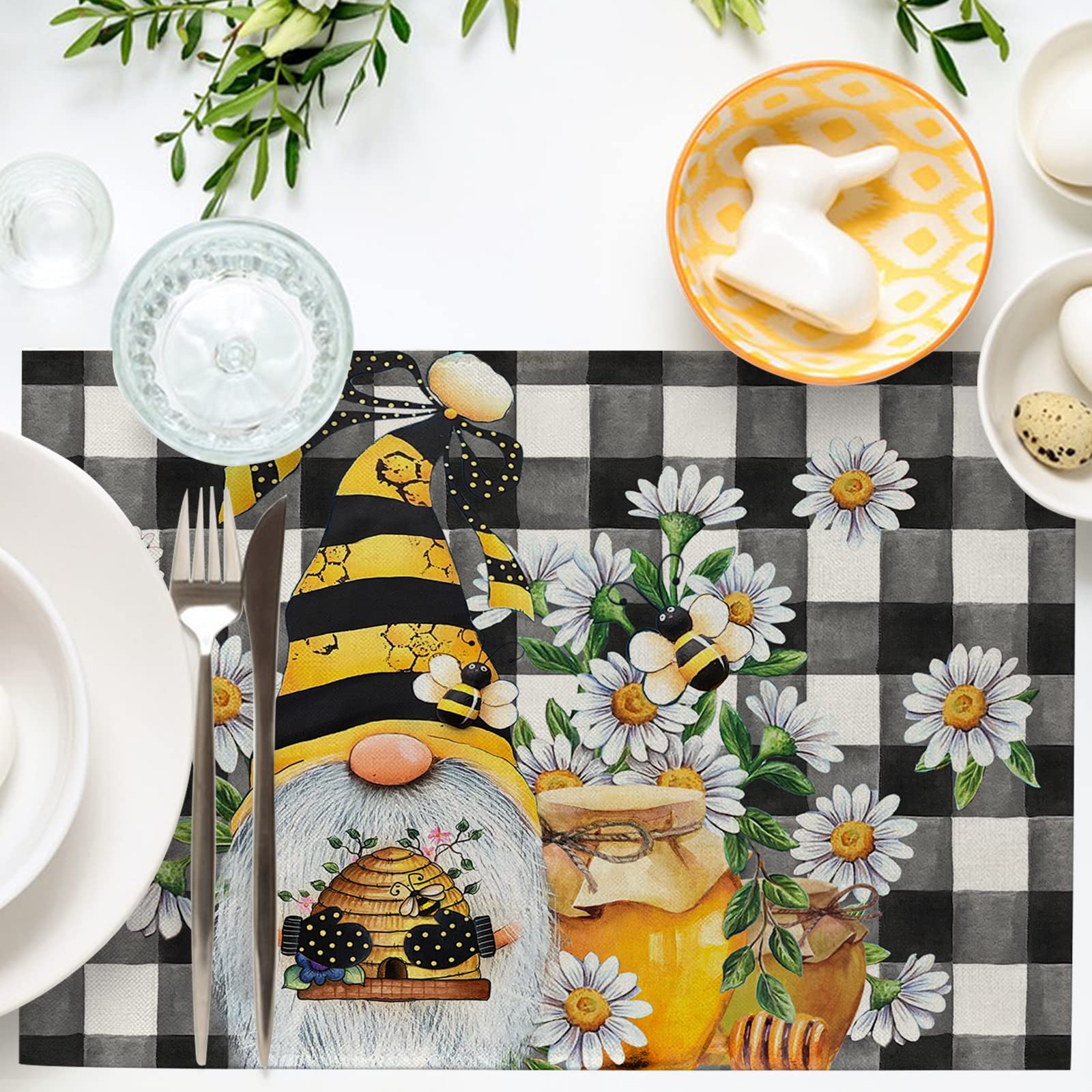 Seliem Spring Bee Gnome Daisy Placemats Set of 4  Honey Black White Buffalo Check Plaid Dining Table Place Mats  Summer Seasonal Farmhouse Kitchen Decor Home Decoration 12 x 18 Inch