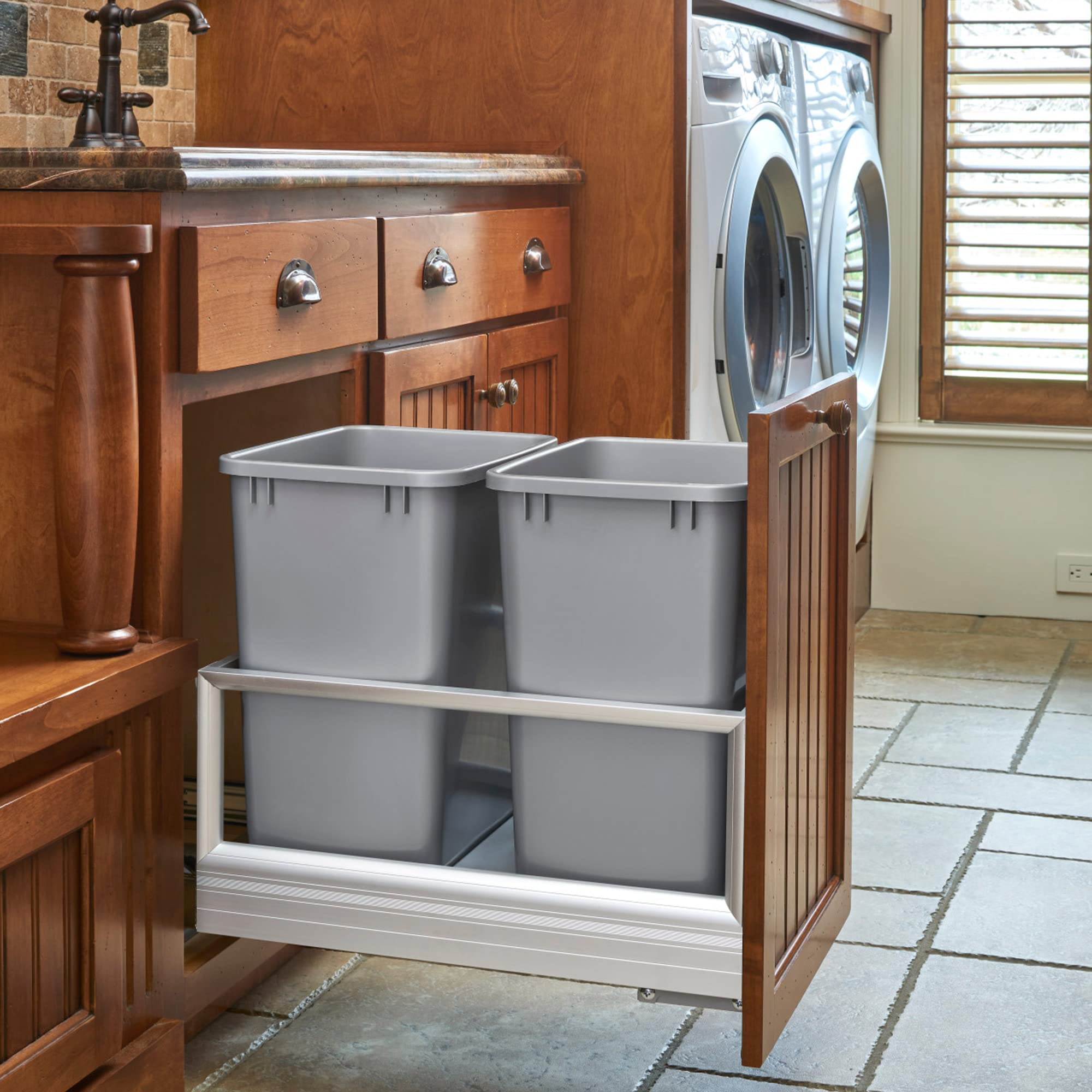 Rev-A-Shelf Double 35 Quart Pull Out Trash Can For Base Kitchen Cabinets, Storage Garage Bin On Wire Basket With Soft Close, Sil