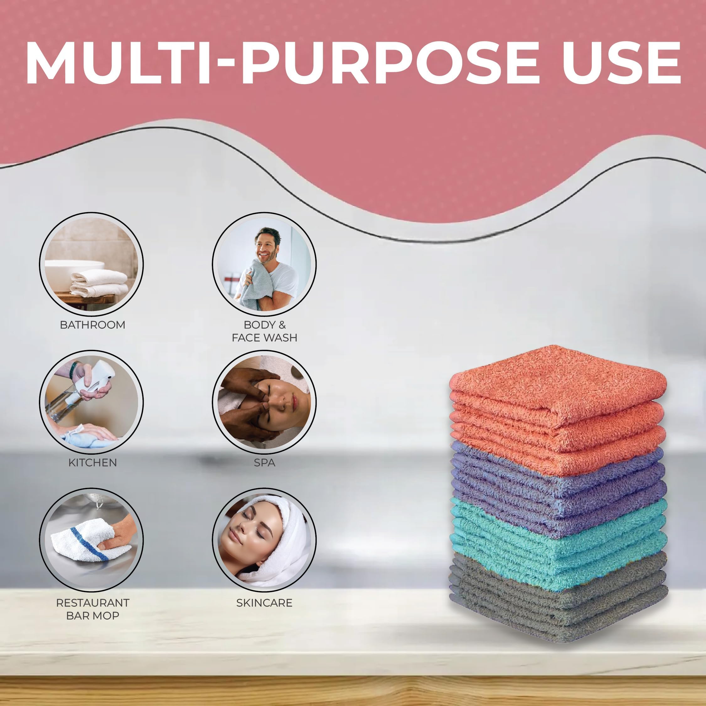 Petal Cliff 15 Pack, 100% Cotton Wash Cloth, Wash Rags Pack, Extra Soft, Highly Absorbent, Machine Washable Size 11 X 11 Inch, A