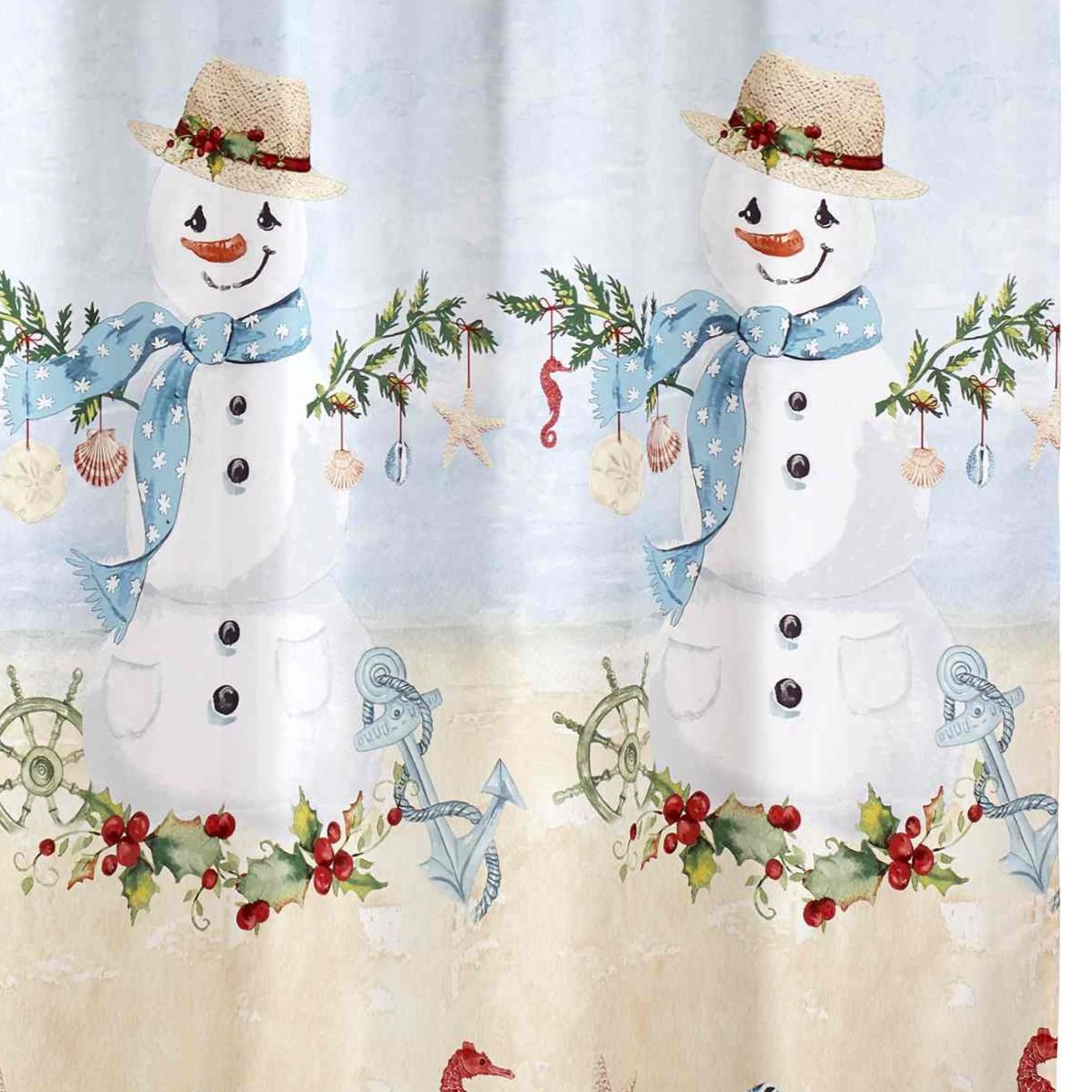 Avanti Linens - Shower Set, Fabric Shower Curtain & 12Pc Hooks, Christmas Decorations (Coastal Snowman Collection)