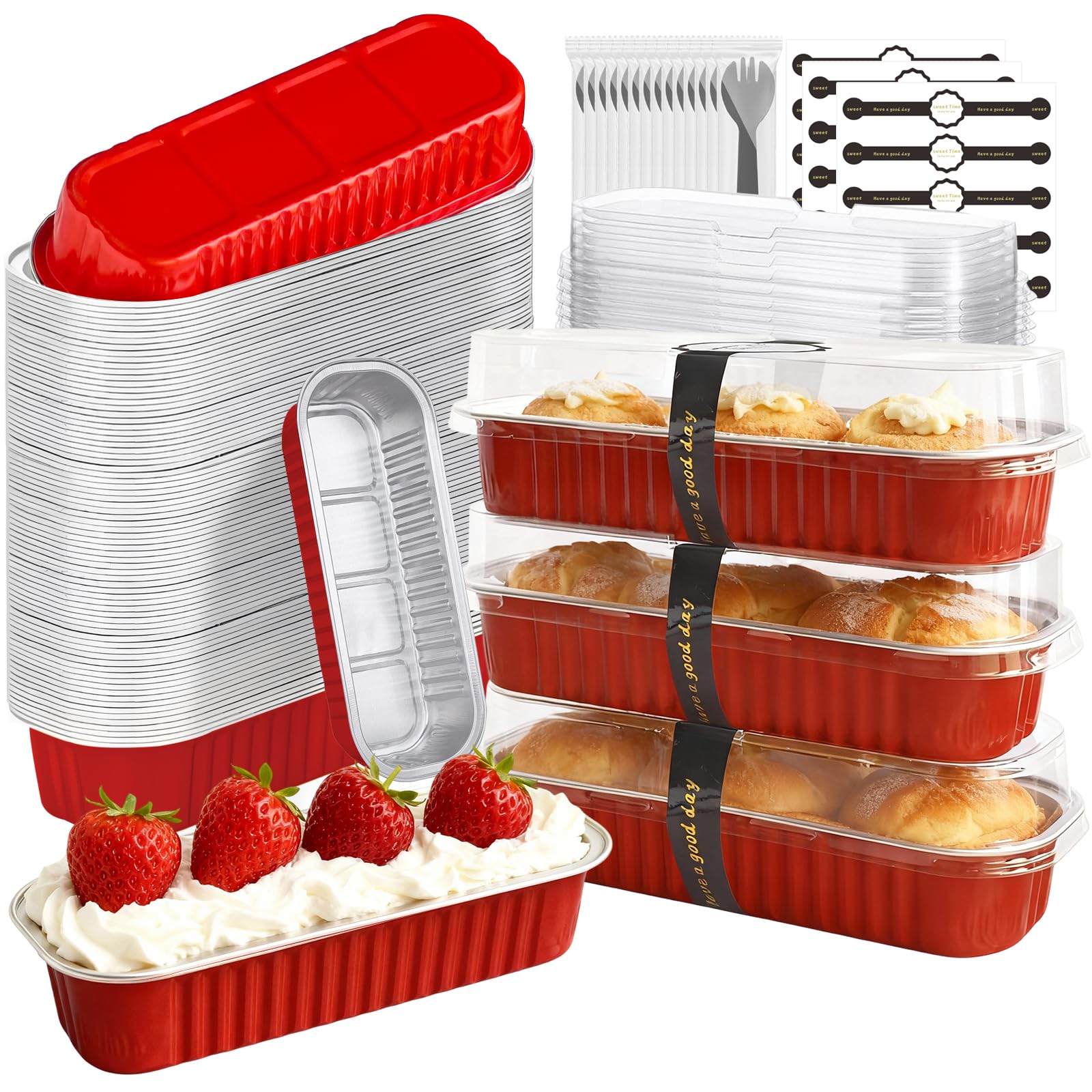 OBXMLFY Mini Cake Pans with Lids and Spoons 200 Pack, Mini Loaf Pans with lids 6.8oz, Small Disposable Aluminum Foil Loaf Pans, 