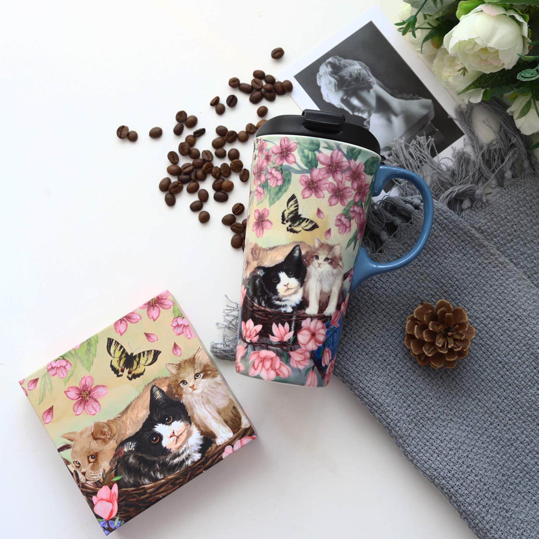 Tzssp Coffee Ceramic Mug Travel Mug Porcelain Latte Tea Cup With Lid 17Oz,Novelty Coffee Mugs For Office & Home Flower And Cat