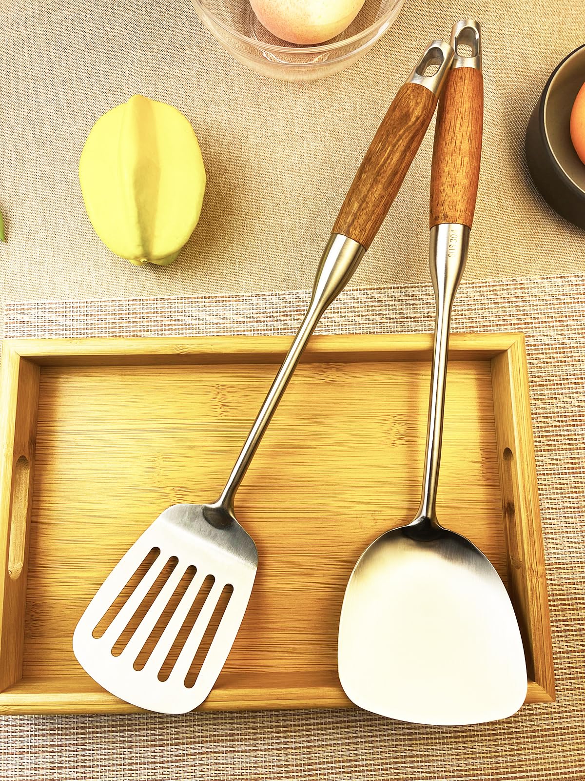 Klaqqed 2Pcs Wok Spatula Stainless Steel Set, Stainless Steel Metal Wok Spatulas Utensils Set For Cooking,Wide Long Wood Handle