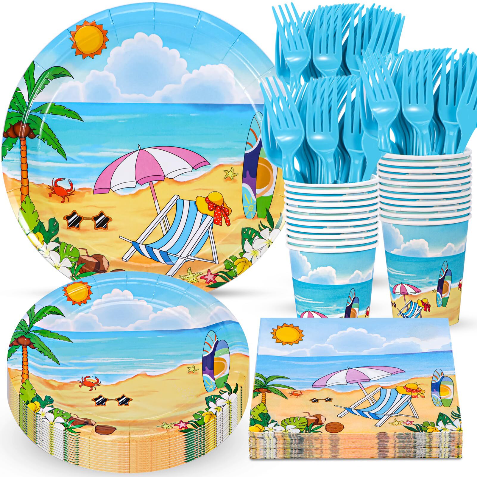 Atonofun Beach Party Supplies, Beach Plates And Napkins Set, Disposable Beach Plates, Cups, Napkins And Cutlery For Birthday, Po