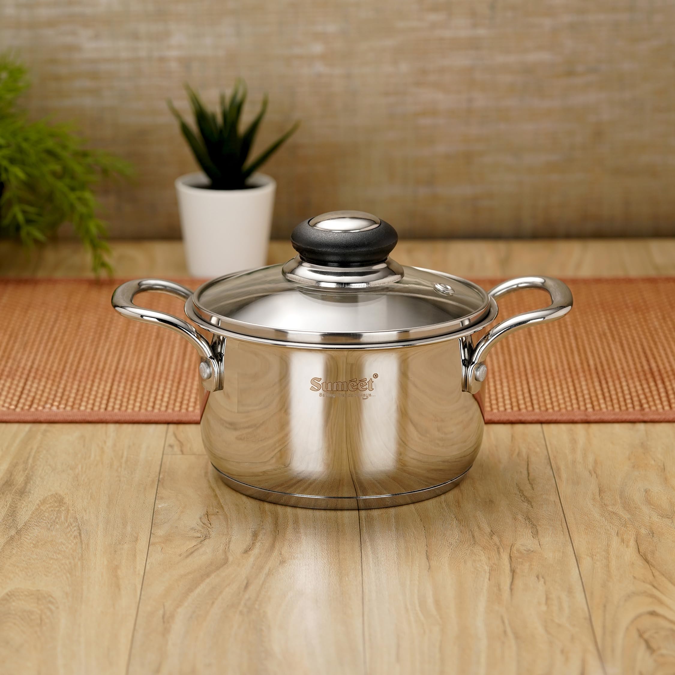 Sumeet Stainless Steel Induction Bottom (Encapsulated Bottom) Casserole With Glass Lid 1.3 Liter, 14 Cm Dia, Silver